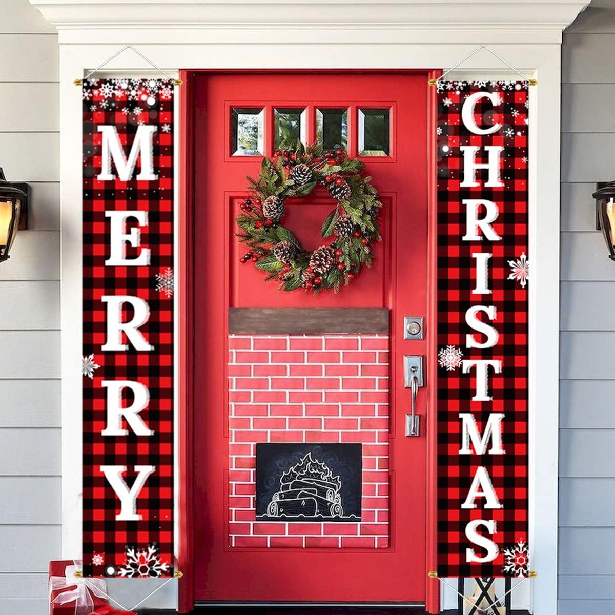 Christmas Decorations Outdoor Yard Front Porch Sign Set, Red Black Buffalo Plaid Door Banner, Hanging Merry Christmas Decorations for Home, Indoor Outdoor Xmas Decor Wall Front Door Yard Garage