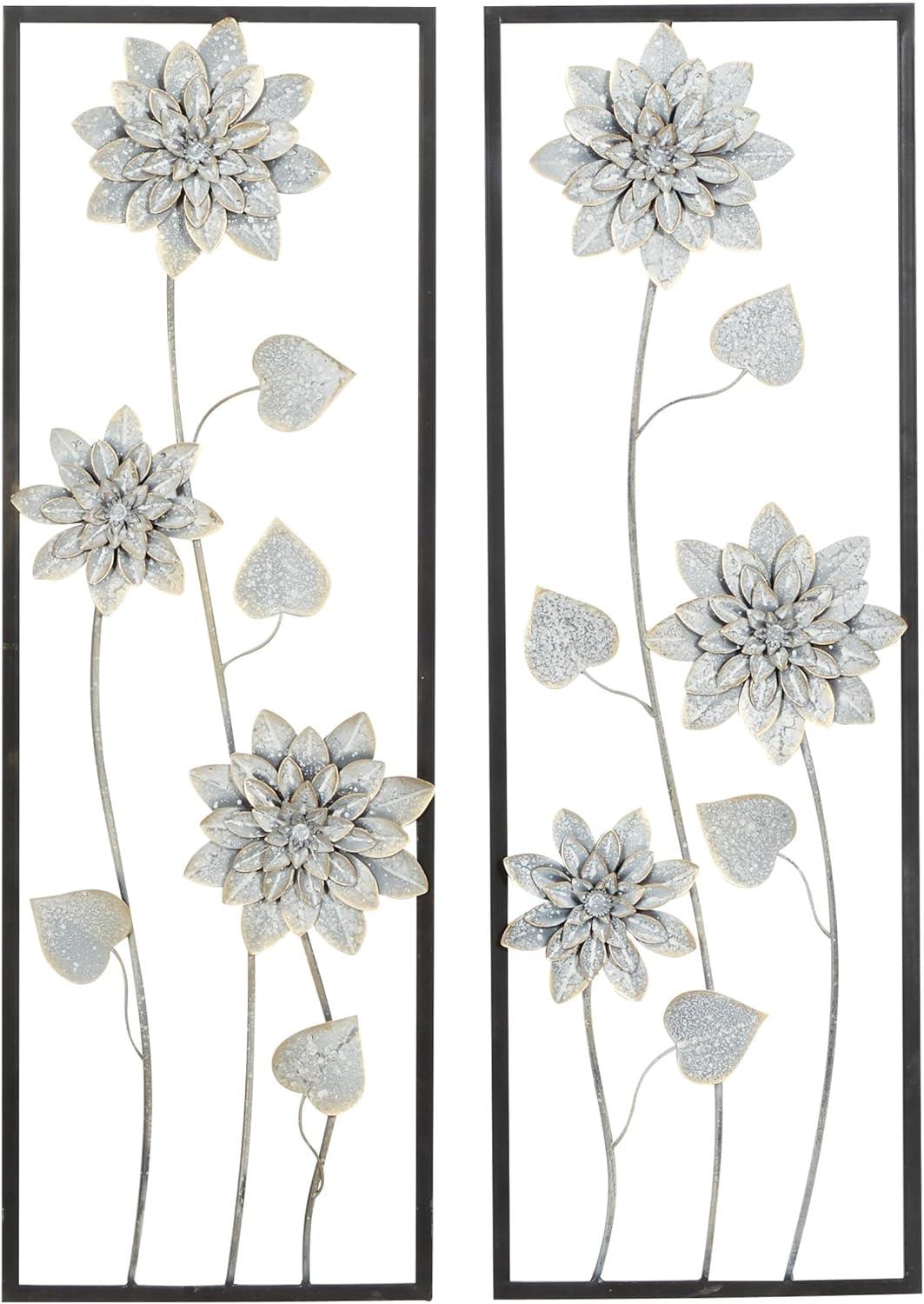 Gray Metal Floral Wall Sculpture with Black Frame, Set of 2