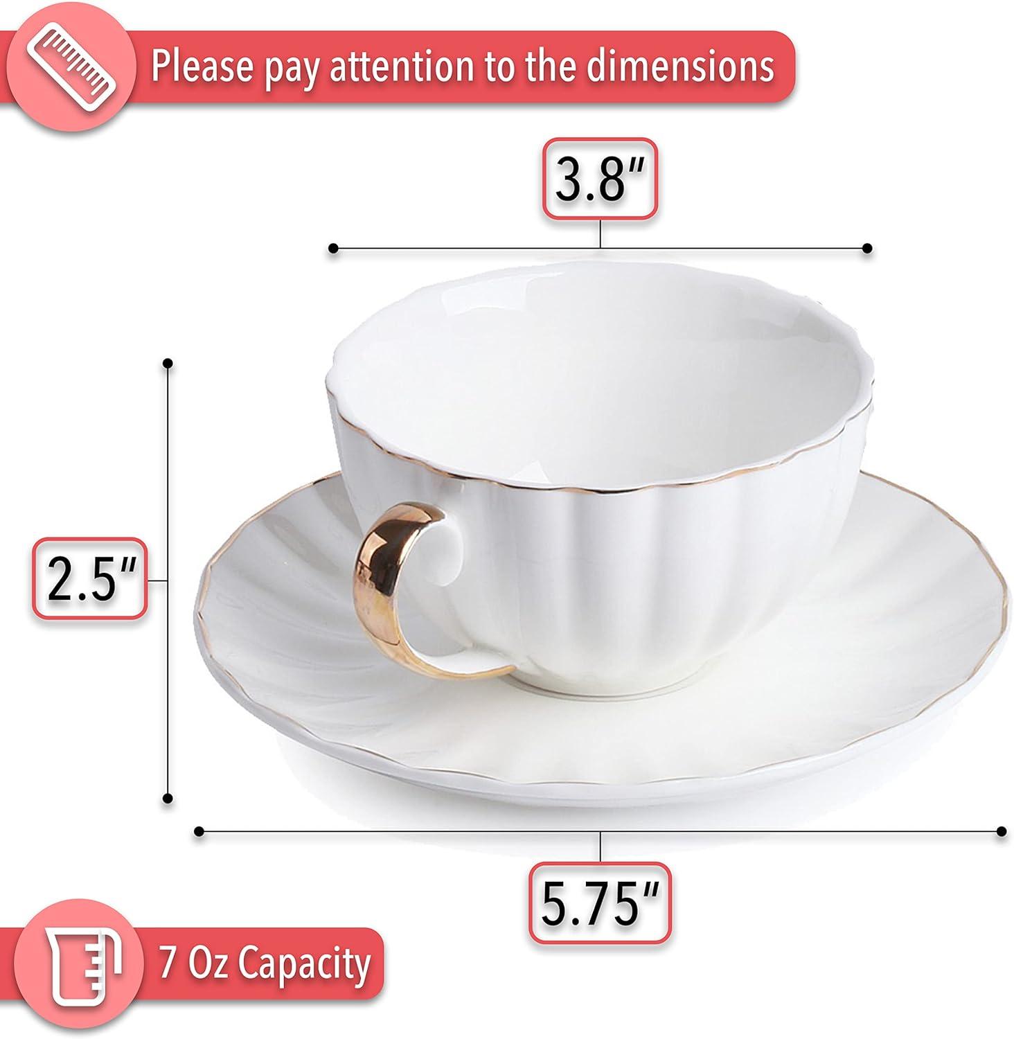 Elegant White Porcelain Tea Cups with Gold Trim, Set of 6