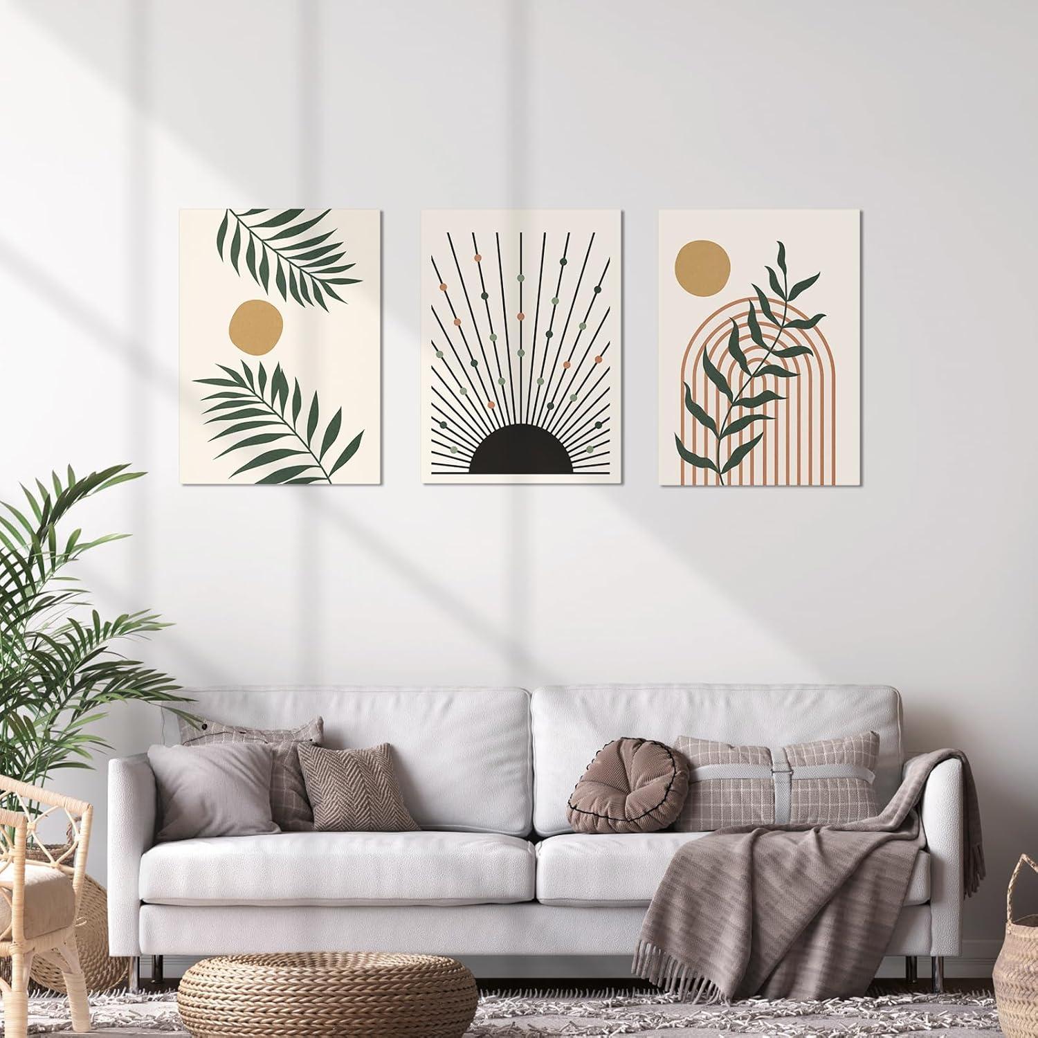 Framed Boho Wall Art, Abstract Sage Green Wall Decor Palm Leaf Sun Moon Line Green Canvas Painting, Minimalist Geometric Boho Room Decor, Sage Green Wall Posters & Prints for Living Room,