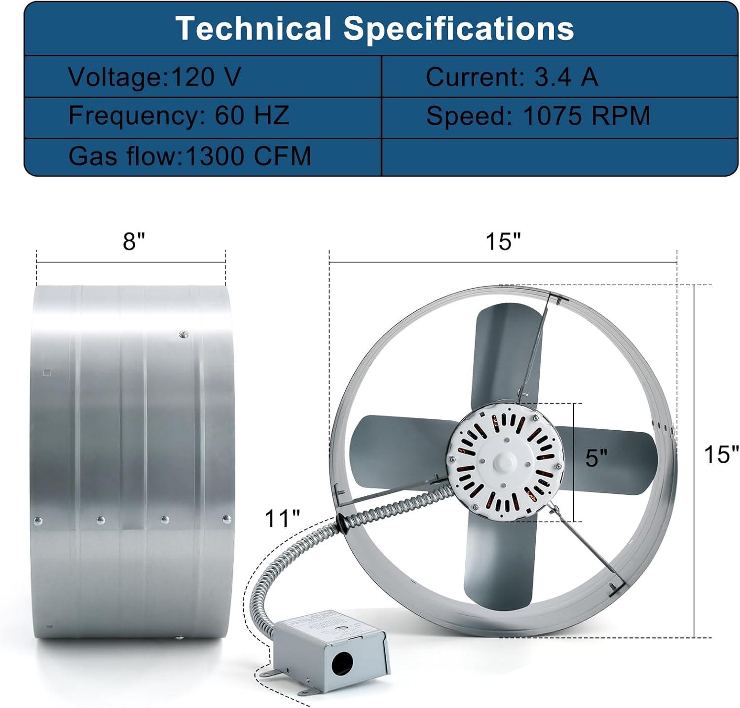 Criditpid 15" Gable Mount Vent Attic Fan, Exhaust Ventilation Fan with Adjustable Thermostat for Gable, Home, Shed, Garage, Portable Building, 3.4A, 1300CFM, 1075RPM, 1850 Sq.Ft Coverage Area.