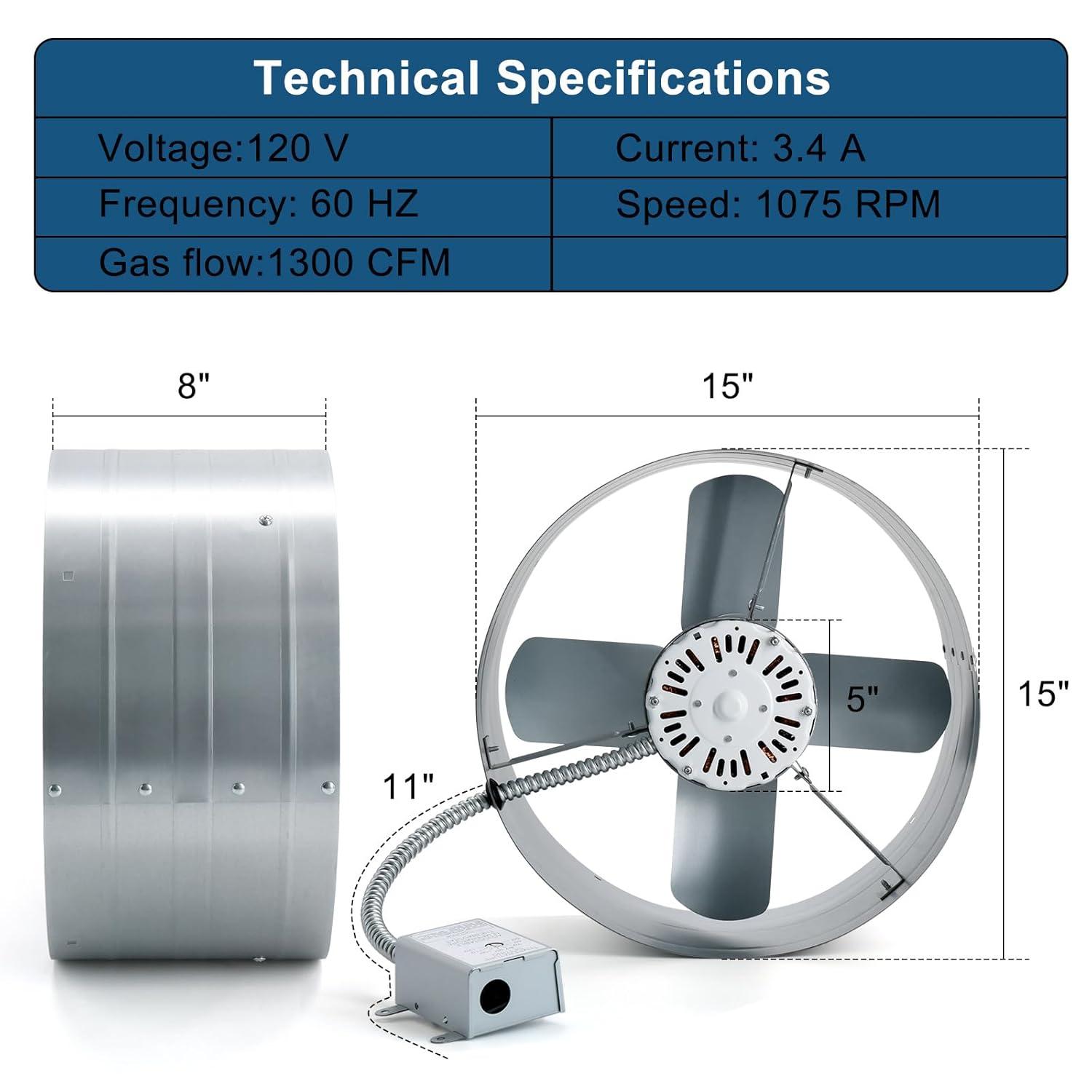 Criditpid 15" Gable Mount Vent Attic Fan, Exhaust Ventilation Fan with Adjustable Thermostat for Gable, Home, Shed, Garage, Portable Building, 3.4A, 1300CFM, 1075RPM, 1850 Sq.Ft Coverage Area.