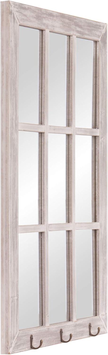 Distressed White Rectangular Wood Windowpane Wall Mirror with Hooks