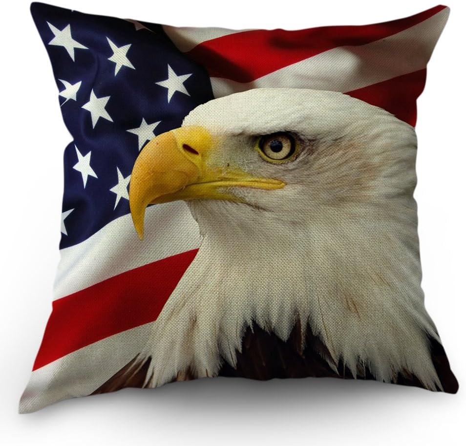 Patriotic Eagle and American Flag Cotton Linen Throw Pillow