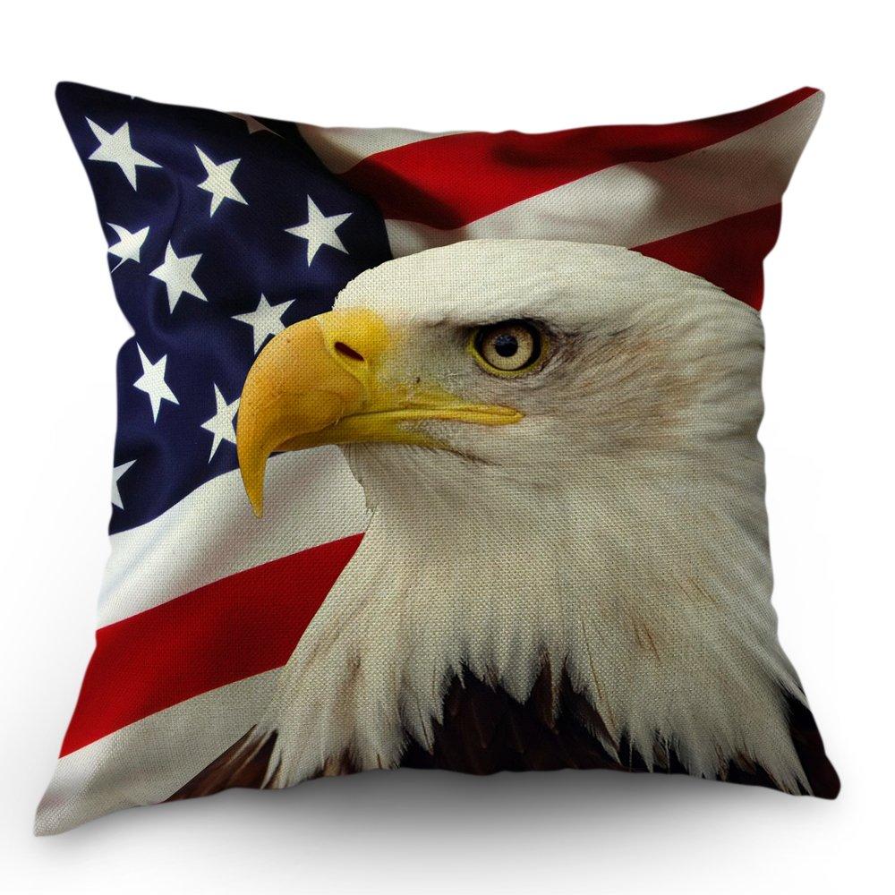 Patriotic Eagle and American Flag Cotton Linen Throw Pillow