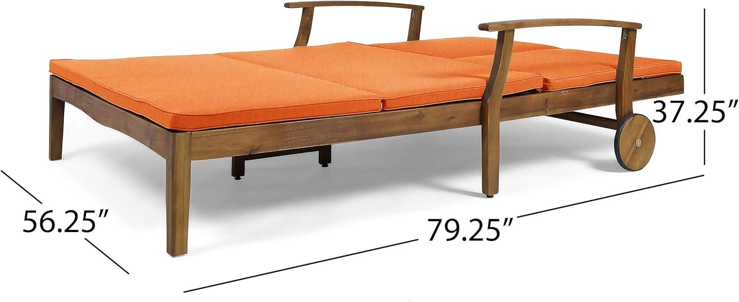 Samantha Double Chaise Lounge for Yard and Patio, Teak Finish with Orange Cushions