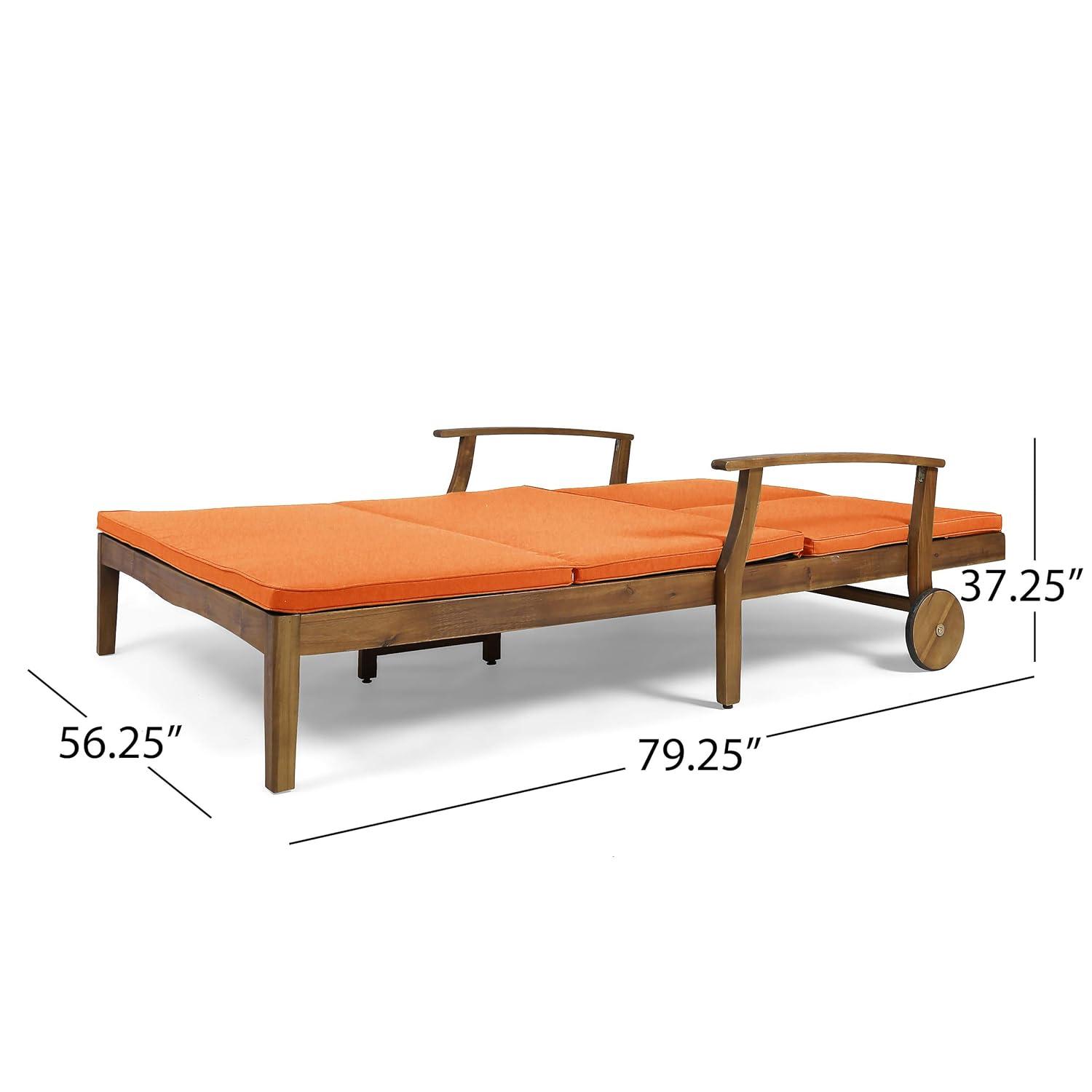 GDFStudio Abena Outdoor Acacia Wood Double Adjustable Chaise Lounge with Cushions, Teak/Orange