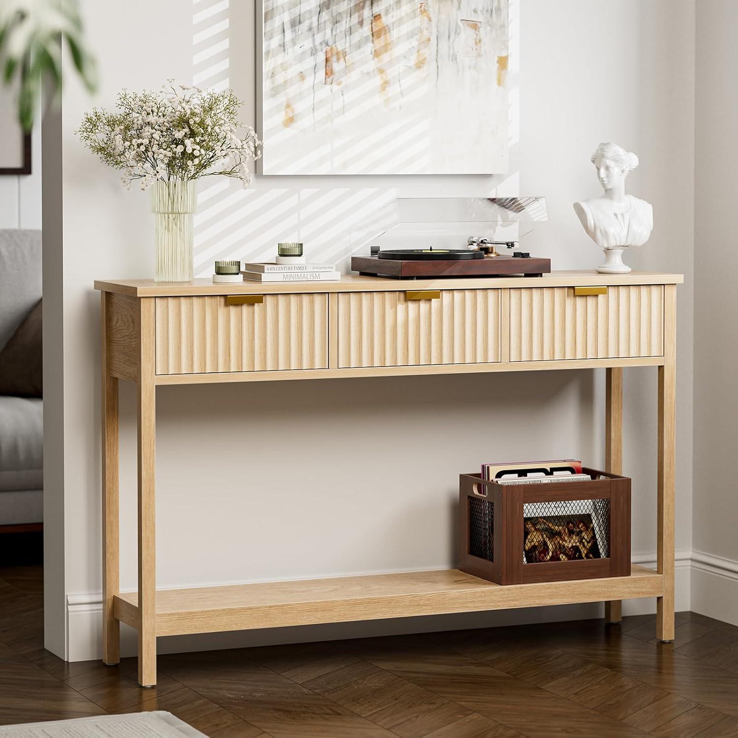 Latitude Run® Console Table With Storage, Boho Entryway Table With 3 Fluted Drawers And Shelf, Sofa Table For Living Room, Entryway, Hallway, Natural