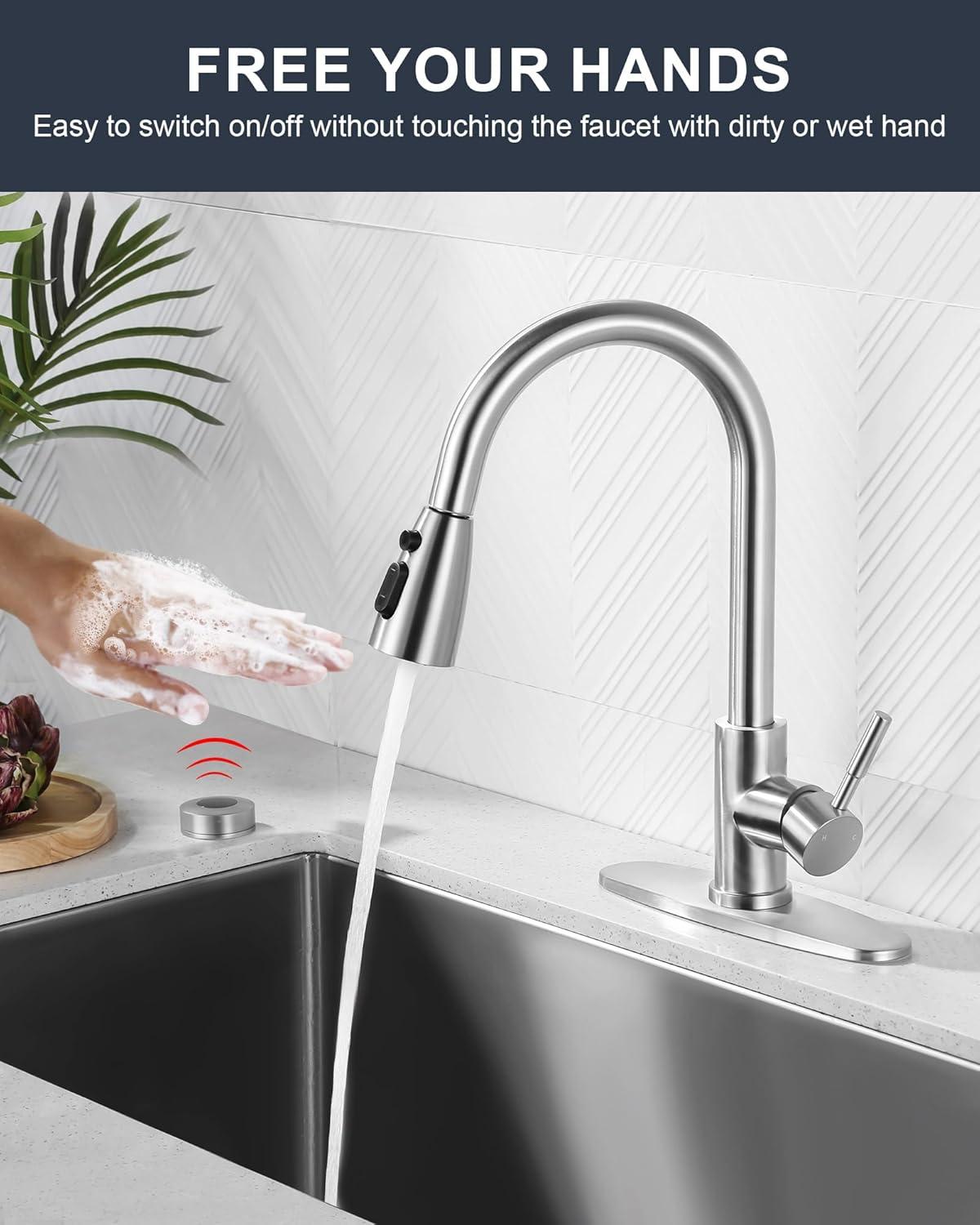 Automatic Smart Mobile Motion Sensor Kitchen Sink Faucet with 3 Modes Pull-Down Sprayer