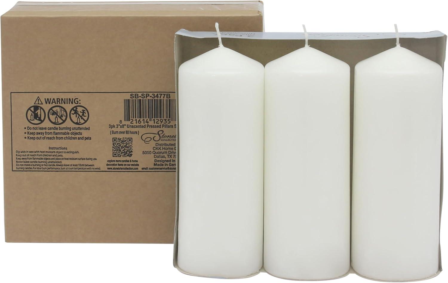 Stonebriar Collection Unscented White Pillar Candle, 3-Pack, 3” x 8", 80-Hour Burn Time