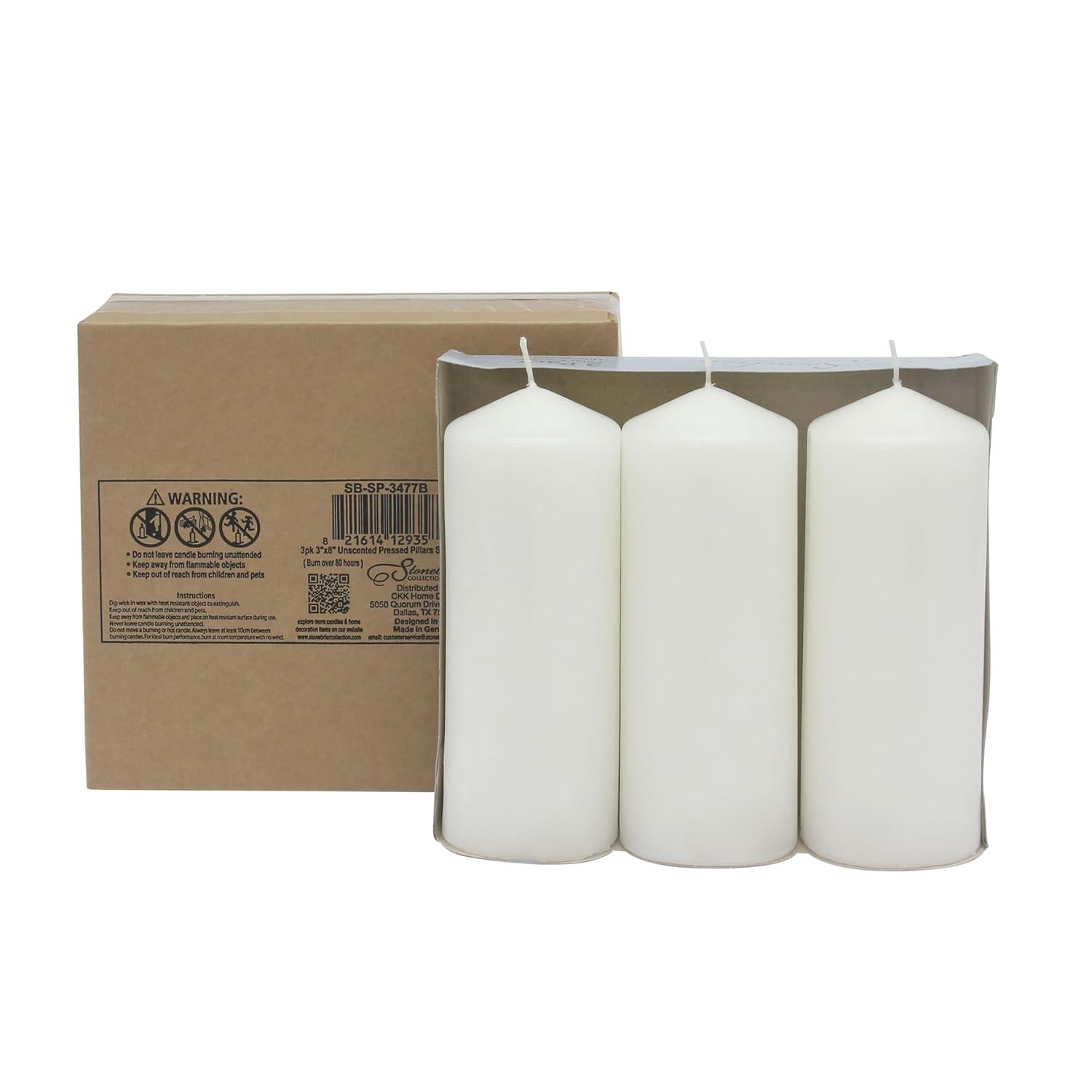 Stonebriar Collection Unscented White Pillar Candle, 3-Pack, 3” x 8", 80-Hour Burn Time