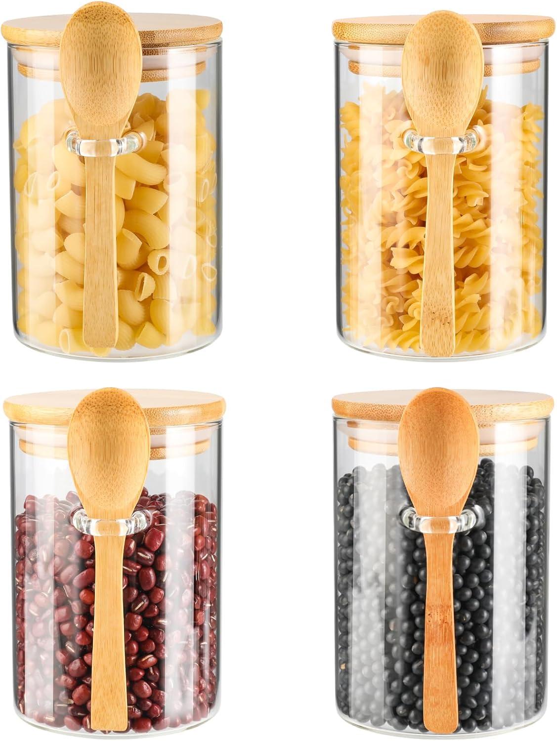 3 Pack Glass Containers Jars with Bamboo Airtight Lid and Spoon, 15Oz Glass Food Storage Canisters, Kitchen Organization Jar Set for Coffee Beans, Tea, Flour, Salt, Nuts, Candy, Cookie and More