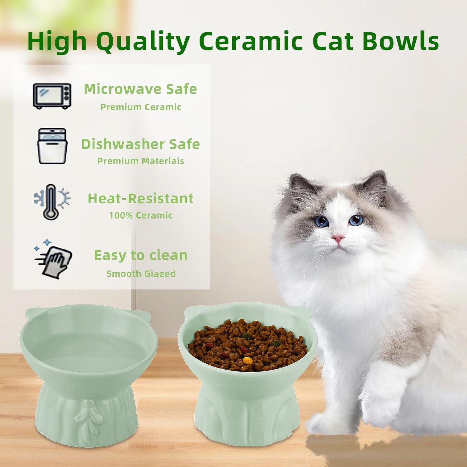 2Pcs Ceramic Elevated Cat Bowls, Extra Wide Raised Cat Bowls for Food and Water, Shallow Cat Food Dish Whisker Friendly, Great Height for Cat (Green)