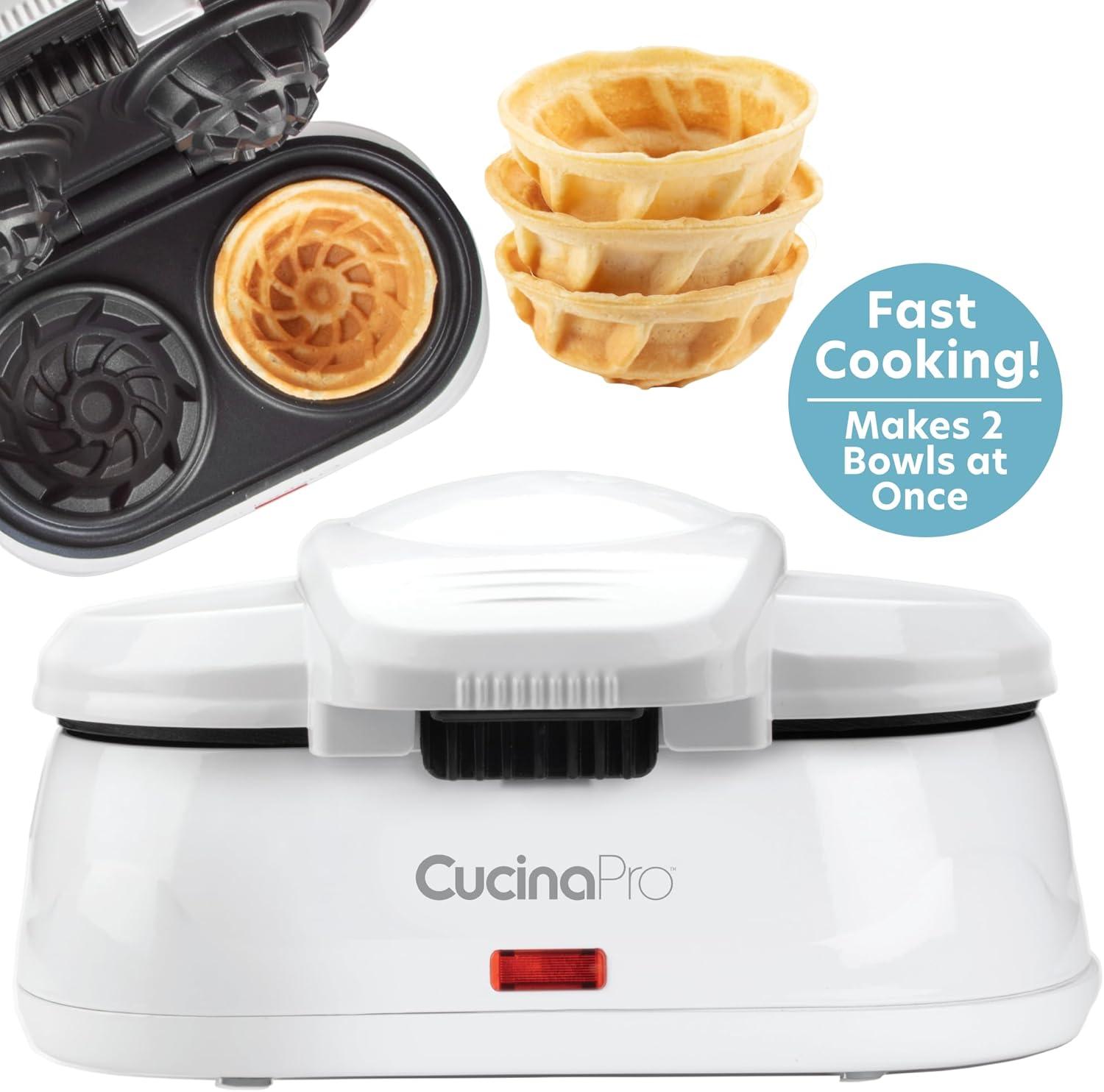 Double Waffle Bowl Maker- Make two 4" Ice Cream Cone Bowls at Once, NonStick Electric Baker for Homemade Icecream Treats, Easy to Use, Recipes Included - Great for Summer