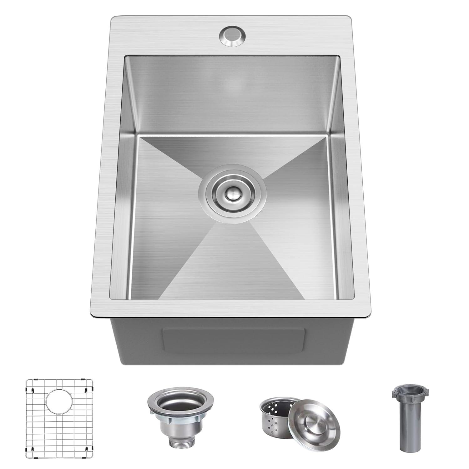 15 x 20 Inch Drop In Kitchen Bar Sink, Small Kitchen Sink Single Bowl Topmount Bar Prep Sink 18 Gauge Stainless Steel Bar Sink with Grid and Basket Strainer