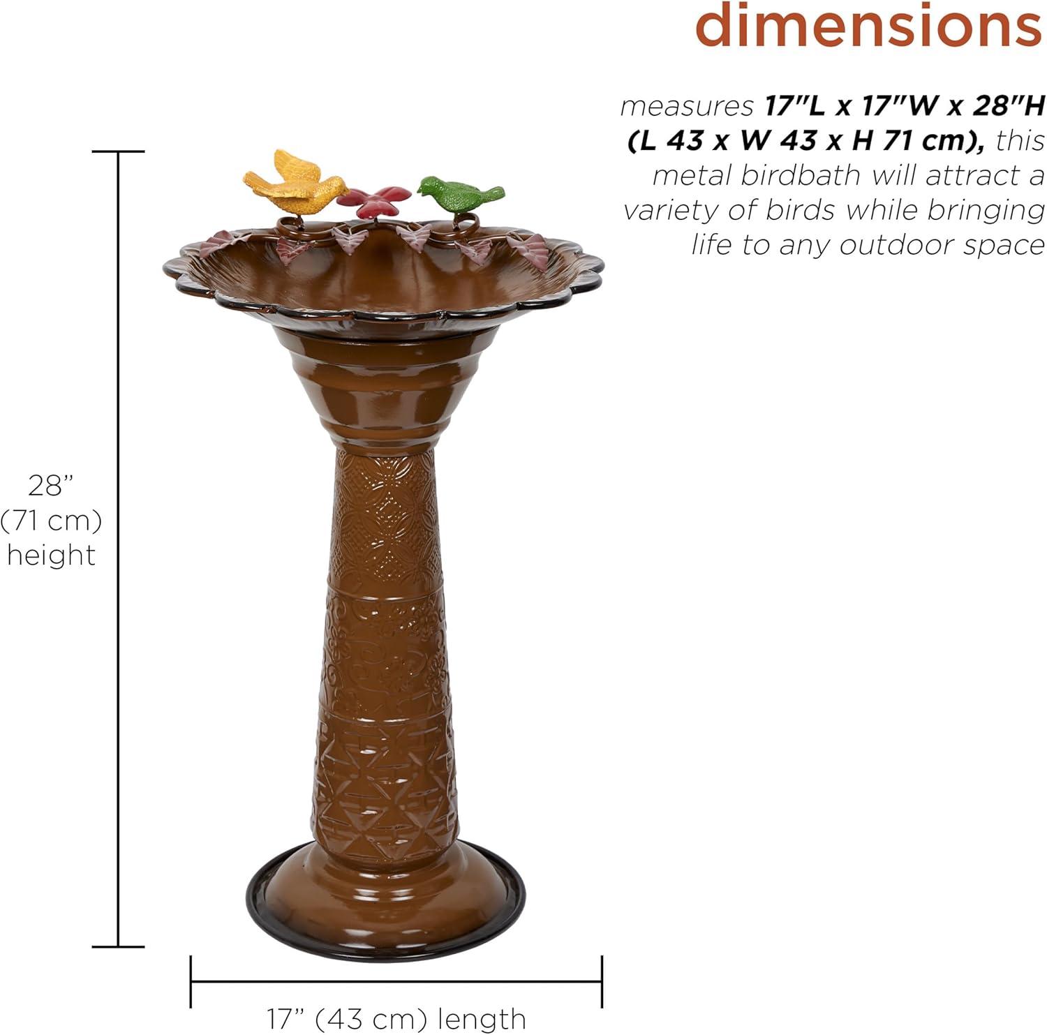 Brown Metal Pedestal Birdbath with Floral Basin, 28"