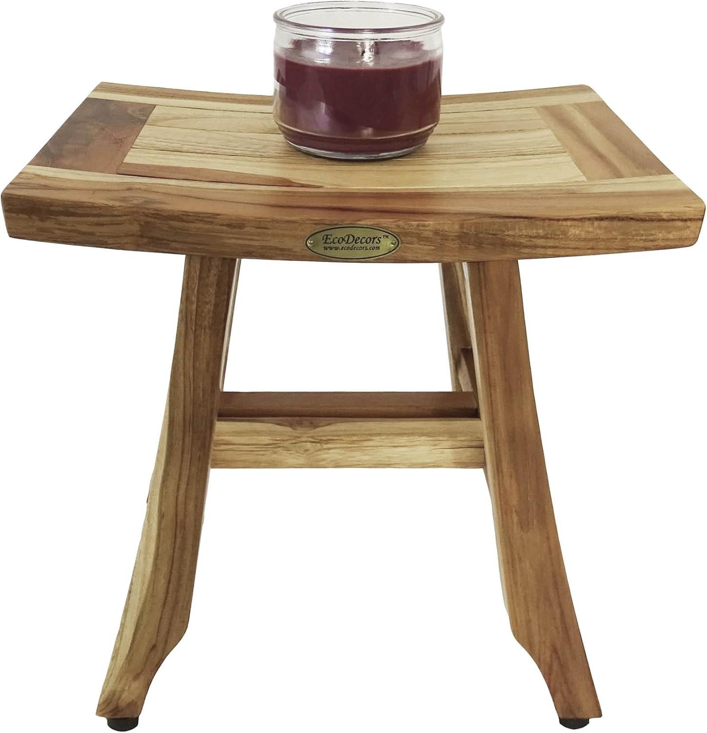 EcoDecors® Satori® 14" Solid Teak Shower Bench, Water-Resistant Bath Stool with Adjustable Feet, EarthyTeak Finish, Indoor/Outdoor Use