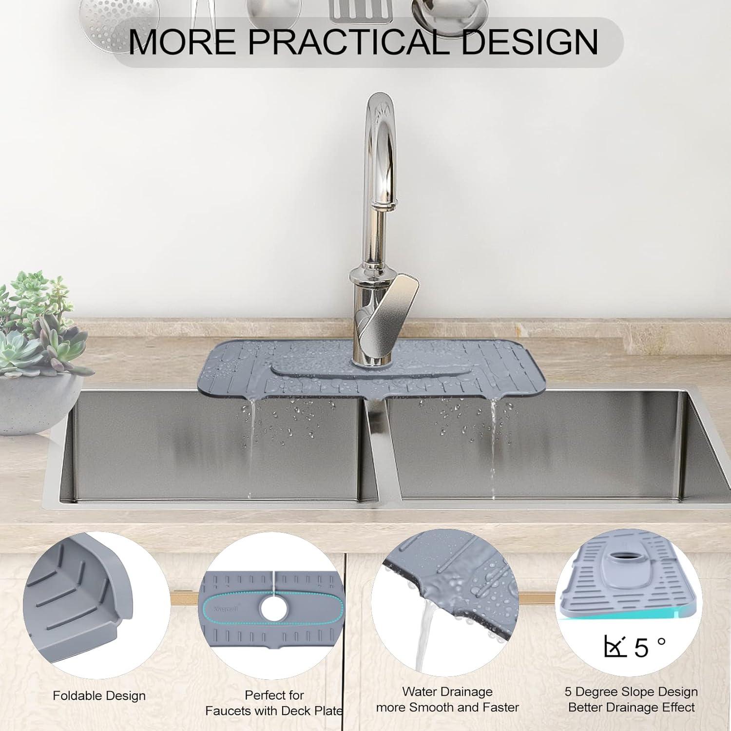 Kingmall Silicone Faucet Mat, Kitchen Faucet Mat for Drip Catcher, 100% Food Grade Silicone, Black, Deck Mount, Single Hole, Reusable, for Faucets with 1cm(0.4 Inch) Deck Plate