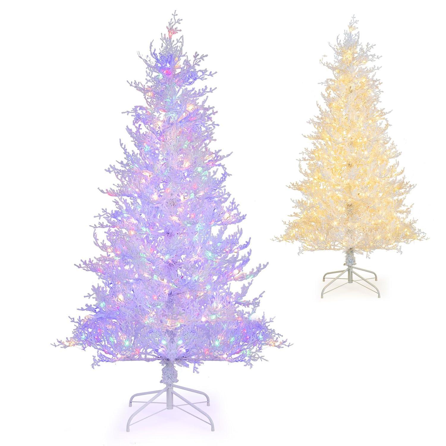 Tangkula 6FT Pre-lit Artificial Xmas Tree Hinged Christmas Tree with 383 Snow Flocked Branch Tips 300 Warm White & Multi-colored LED Lights
