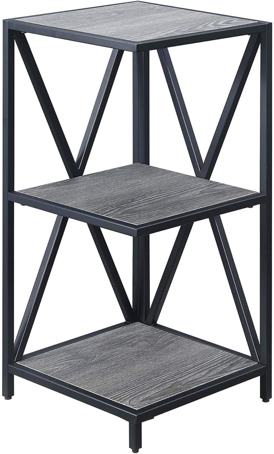 Weathered Gray and Black Wood 3-Tier Corner Bookshelf