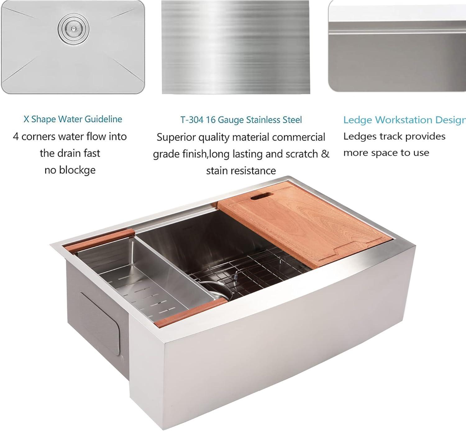 30" L x 22" W Workstation Farm Kitchen Sink Stainless Steel Single Bowl Apron Front Kitchen Sink