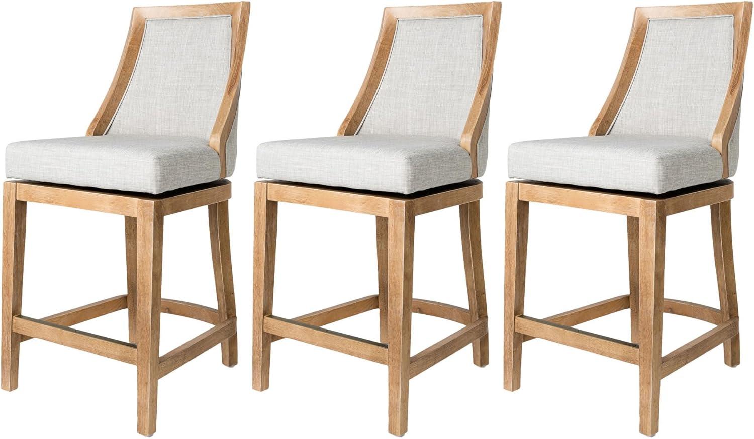 Vienna Weathered Oak and Sand Upholstered Swivel Bar Stools, Set of 3