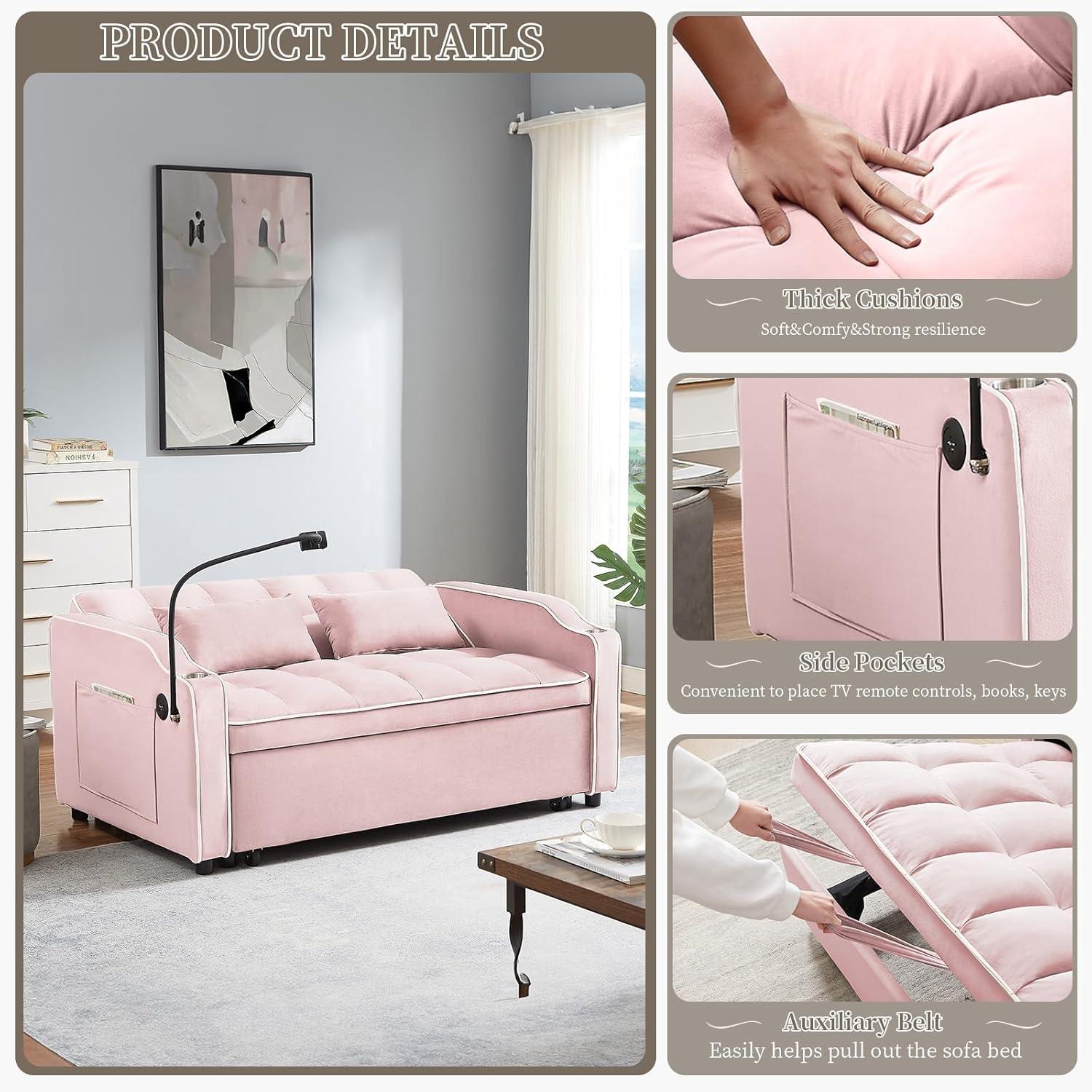 JEEOEHY 3 in 1 Convertible Sleeper Sofa Bed,Velvet Pull Out Couch Bed w USB&Type C Port,Comfy Futon Loveseat w Adjustable Backrest&Phone Stand&Cup Holder for Living Room Apartment Small Space(Pink)