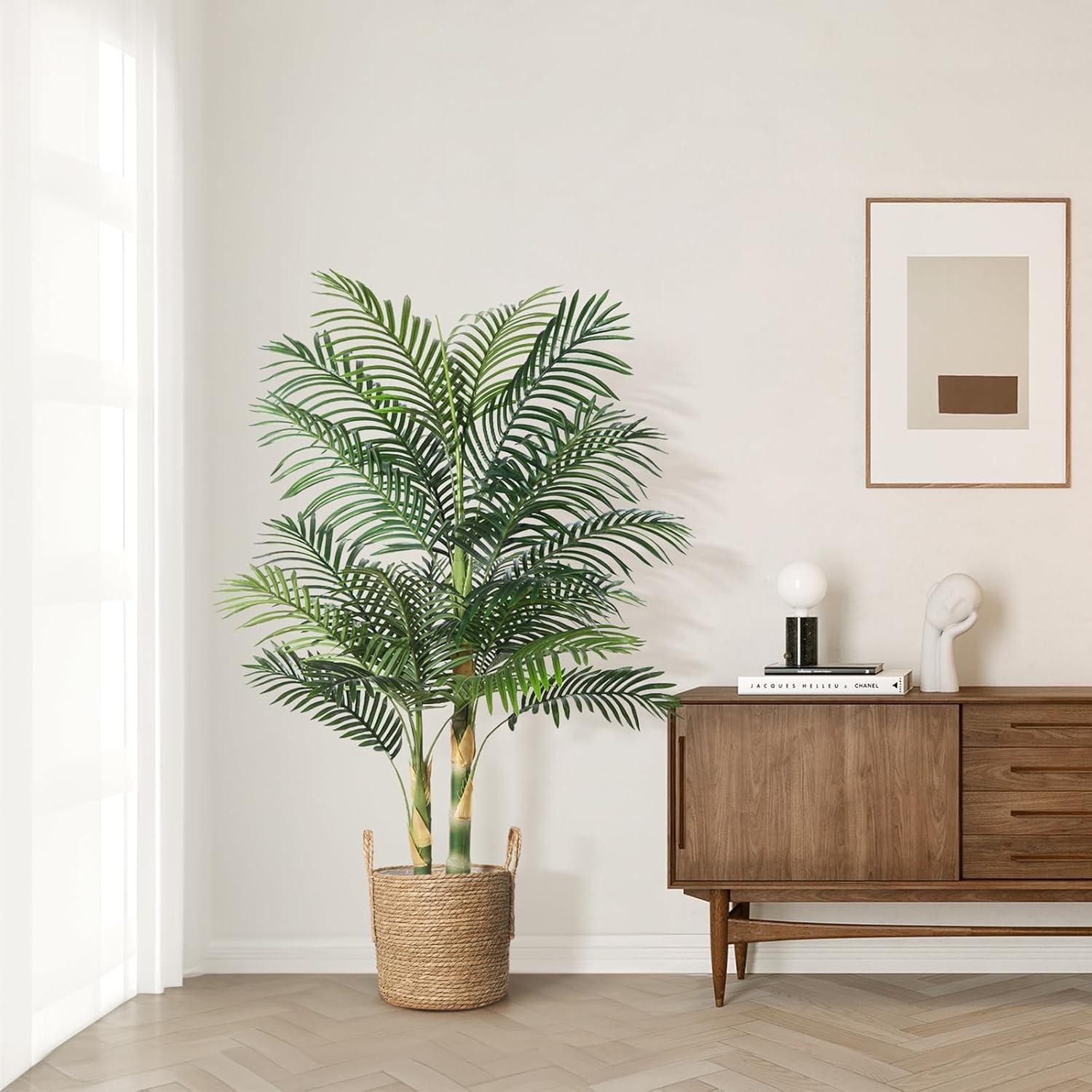 5ft Green Artificial Golden Cane Palm Tree with Black Pot