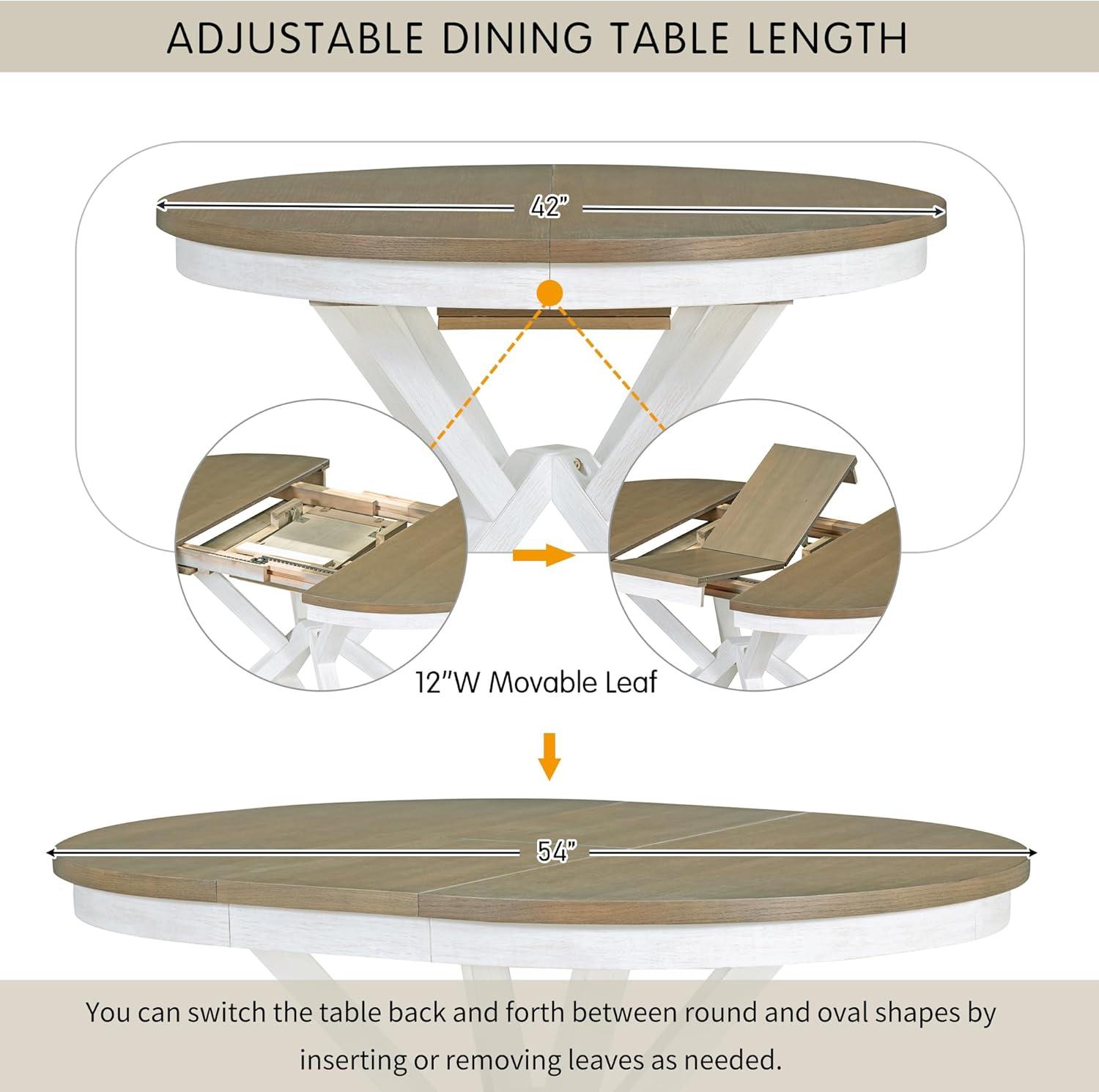 Bellemave Extendable Dining Table Set for 4, 5-Piece Round Table Set with 4 Chairs, Circle Table with Upholstered Chairs, Oval Kitchen Table Set with Extendable Table (Natural Wood Wash)