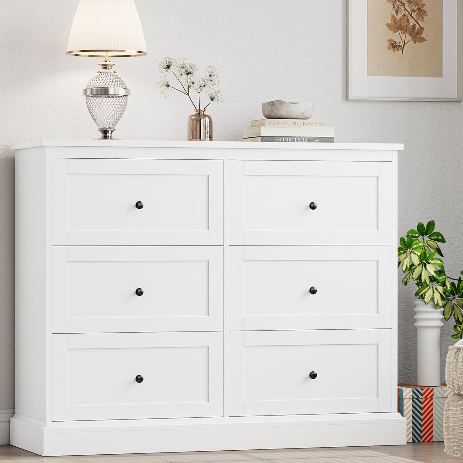 Homfa 6 Drawer Double Dresser White, Wood Storage Cabinet for Living Room, Chest of Drawers for Bedroom