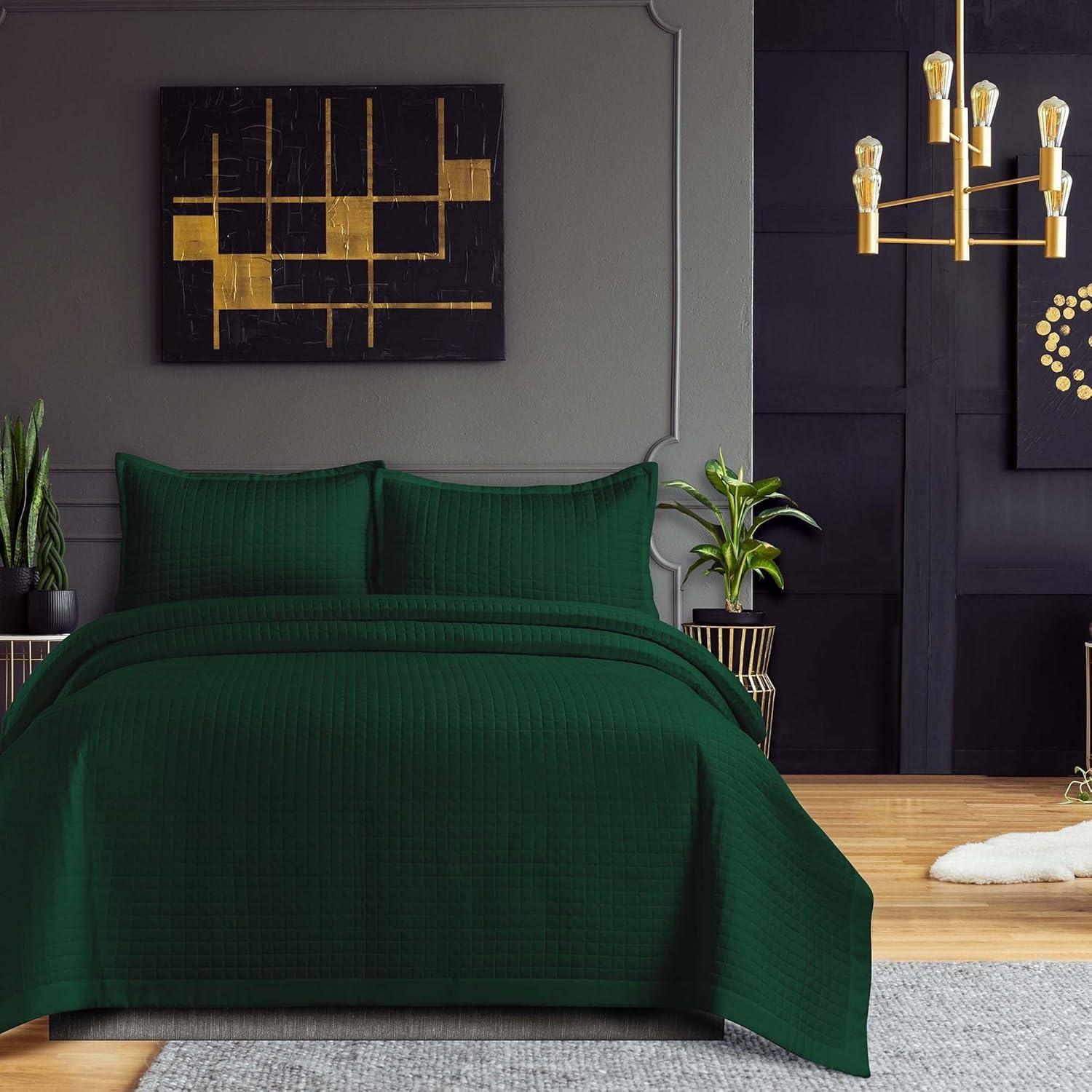 Queen Naples Microfiber Quilt Set Emerald Green - Tribeca Living: 3-Piece, Box Quilting Design, All Ages