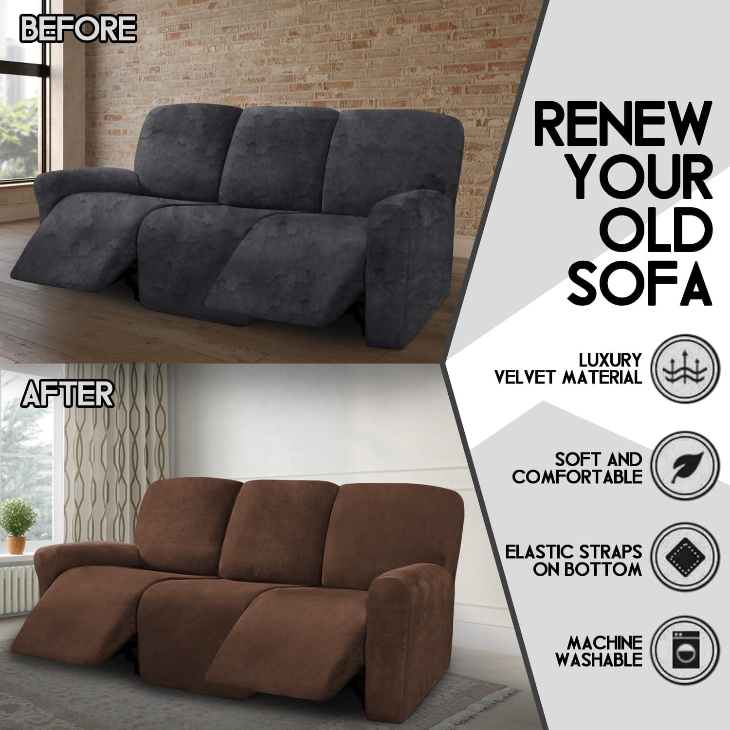 ULTICOR Velvet 8-Pieces Recliner Sofa Covers Stretch Reclining Couch Covers for 3 Cushion Reclining Sofa Slipcovers Furniture Covers Thick Soft Washable (3 Seater Recliner Cover, Chocolate) 3 Seater Recliner Cover Chocolate