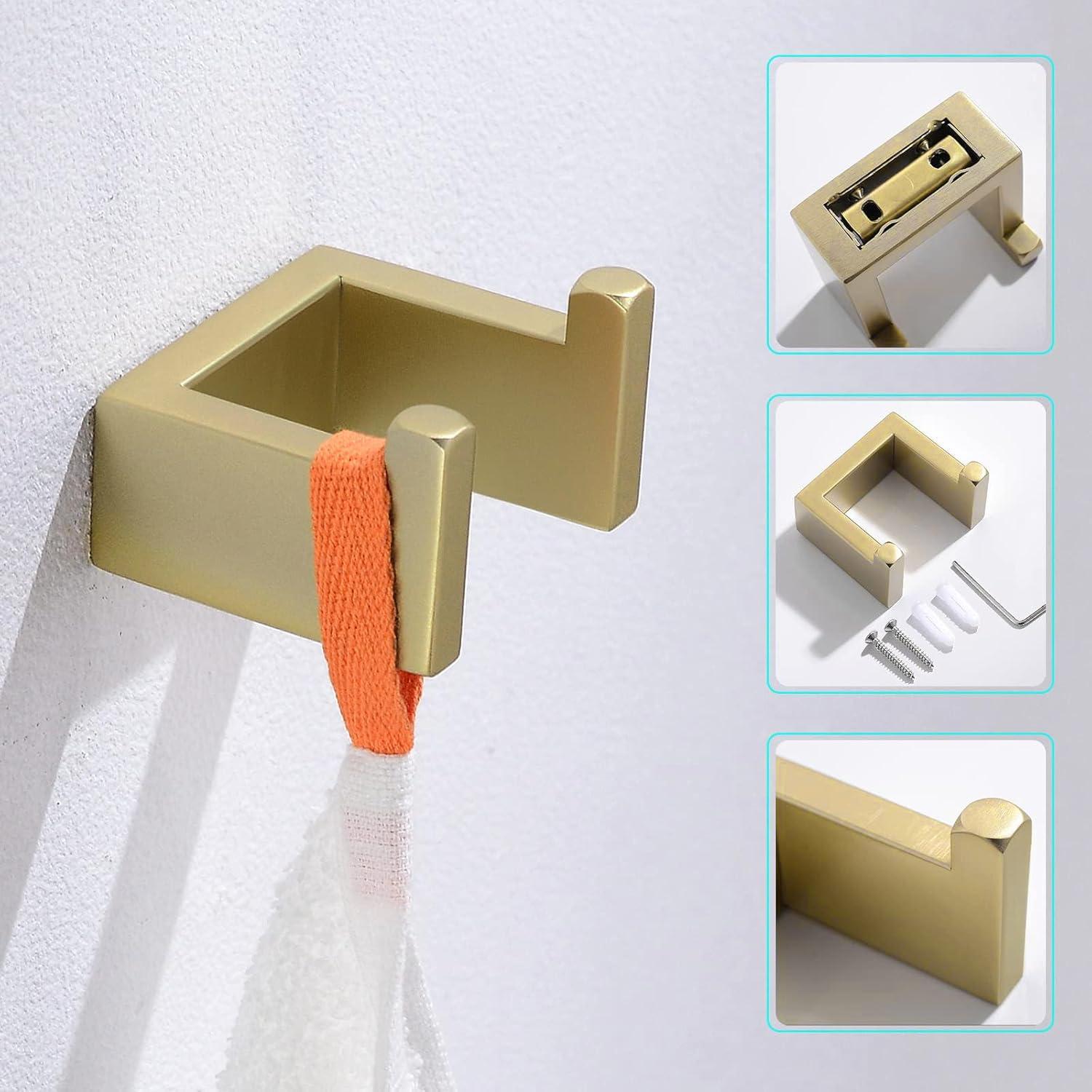 AWZTOO 4-Piece Bathroom Hardware Set Stainless Steel Towel Bar Set Towel Holder Toilet Paper Holder Robe Hook Wall Mount Accessory Set Brushed Gold