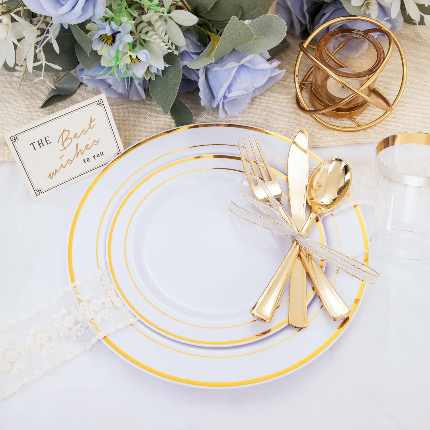 Elegant Gold and White Plastic Dinnerware Set for 25 Guests