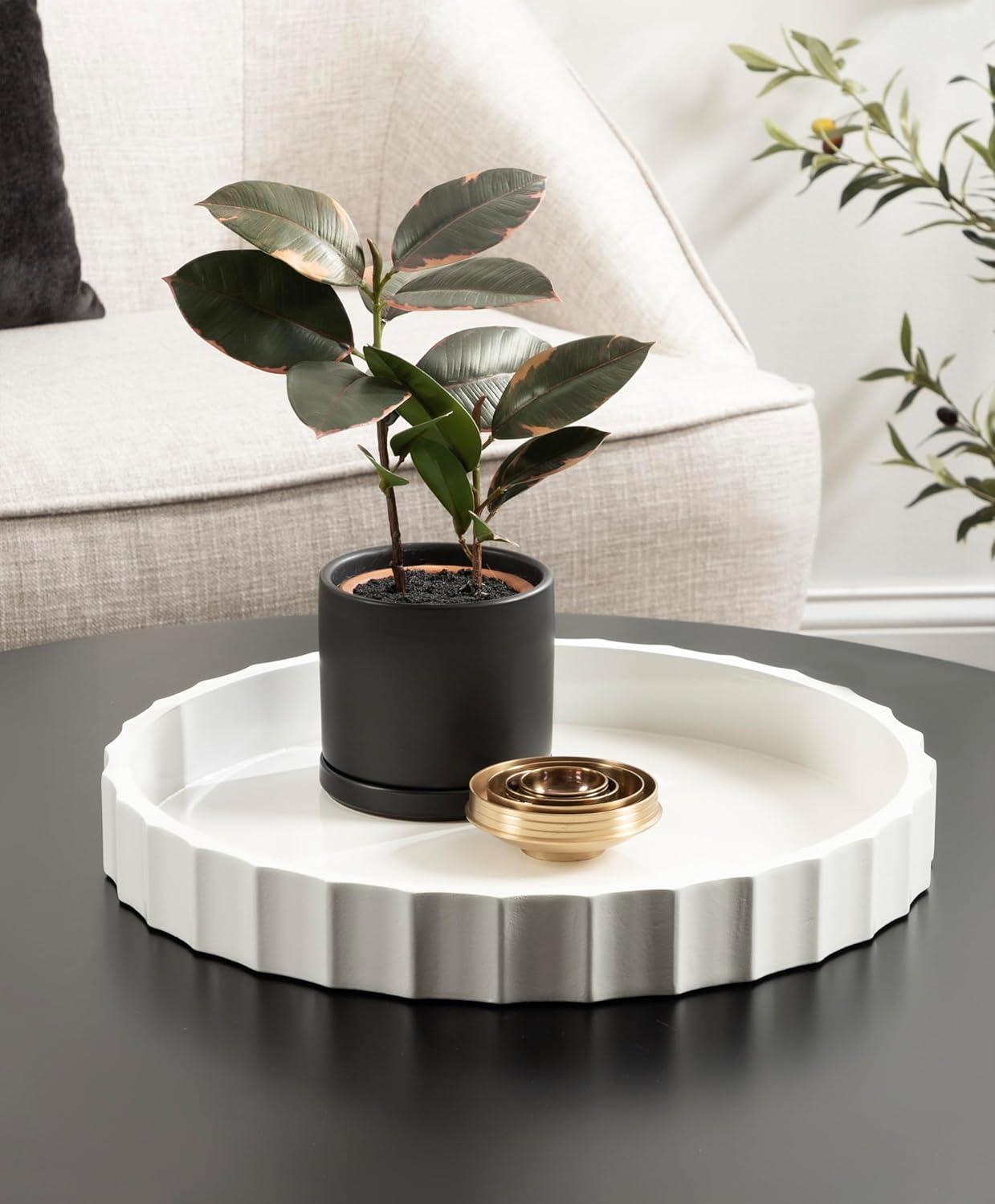 Kate and Laurel Lissi Decorative Round Tray with Wavy Design, 16 Inch Diameter, White, Modern Scalloped Circle Serving Tray for Coffee Table Ottoman, Dining Table, or Entryway Catch-All Tray