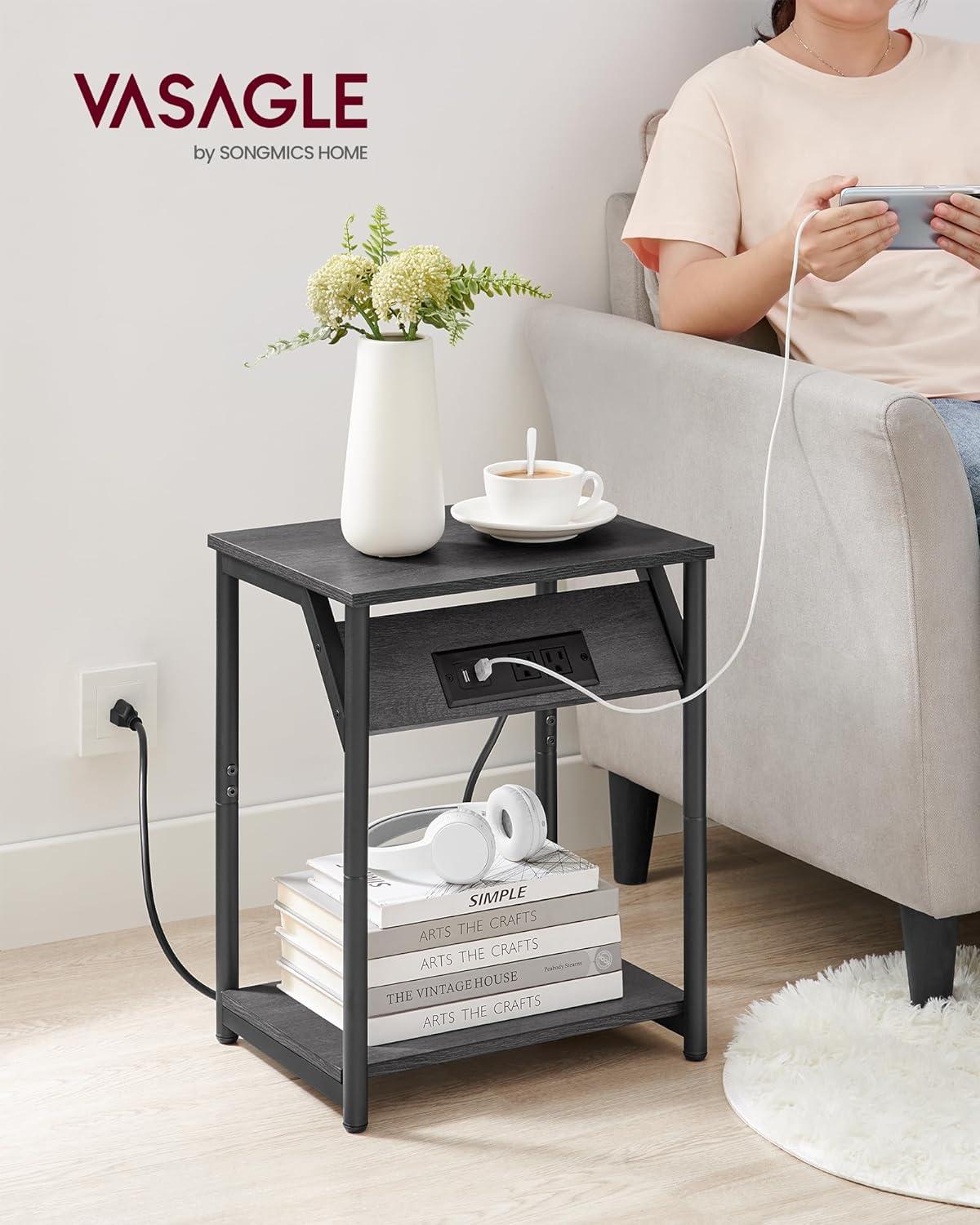 Misty Gray and Black Metal End Tables with Charging Station