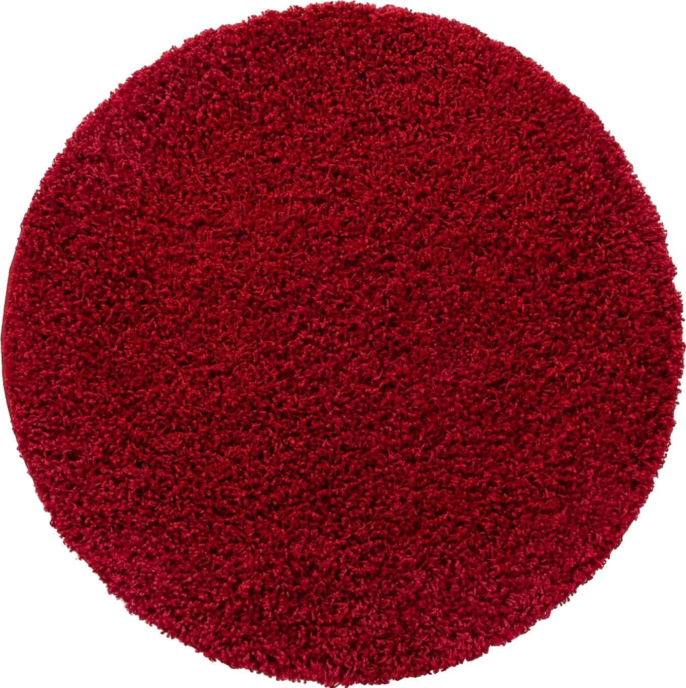 Cherry Red Round Shag Synthetic Indoor Area Rug