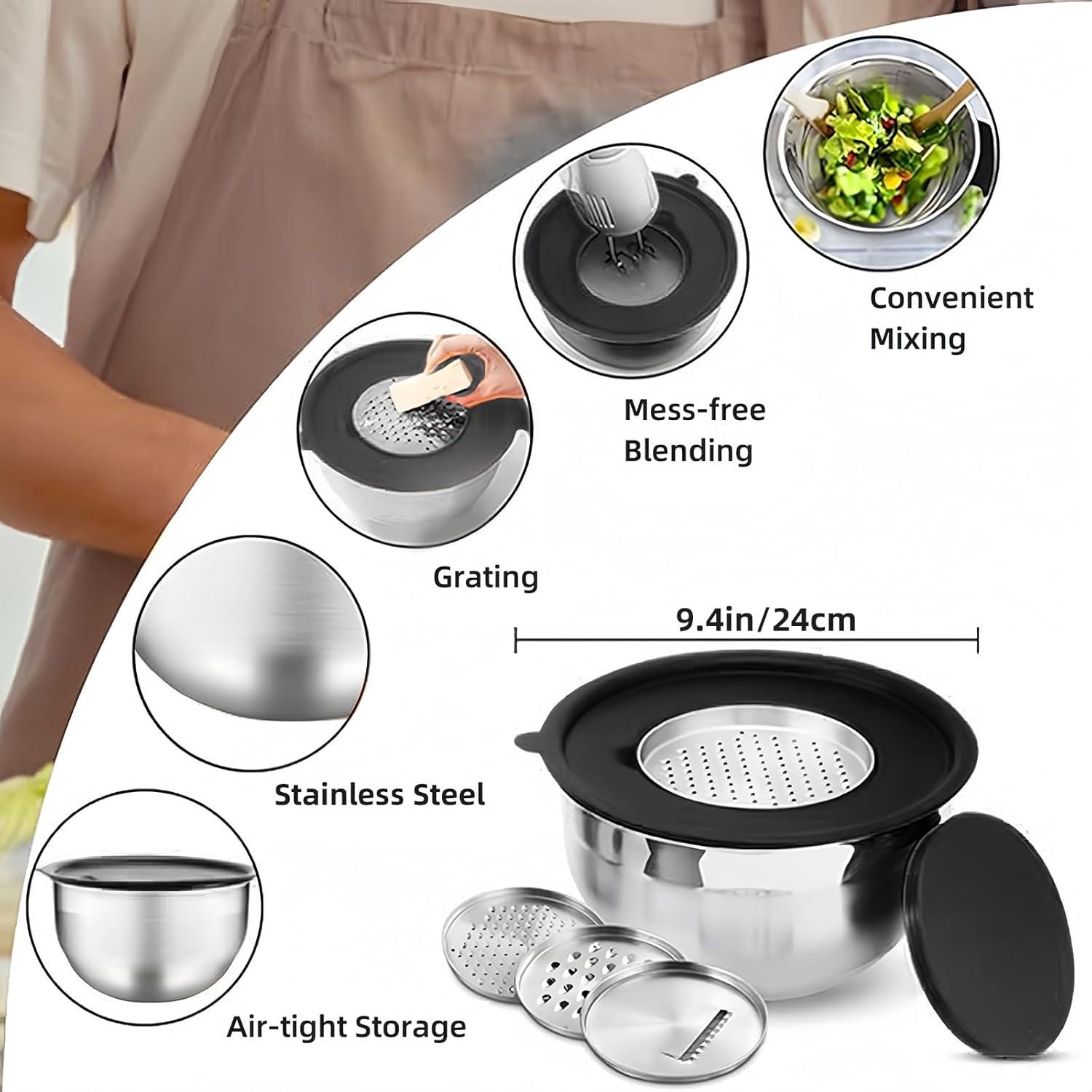 6-Piece Black Stainless Steel Mixing Bowl Set with Lids and Graters