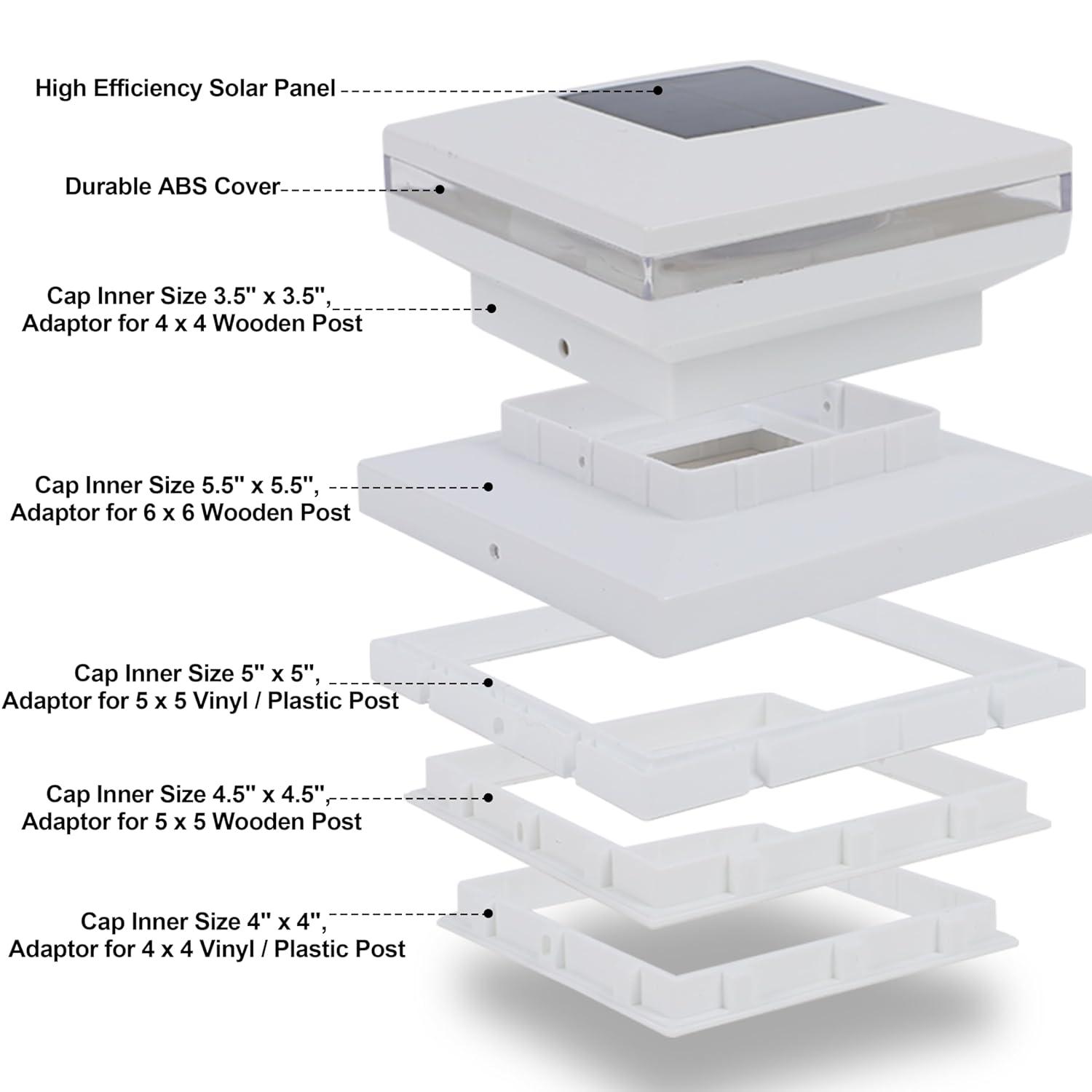 Dynaming 6 Pack Solar Post Cap Lights, Outdoor Decorative Post Solar Lights White Shell Caps Fit 4x4 5x5 6x6 Vinyl/Wooden Posts, Brightness Warm White LED Lighting for Garden Fence Deck Patio