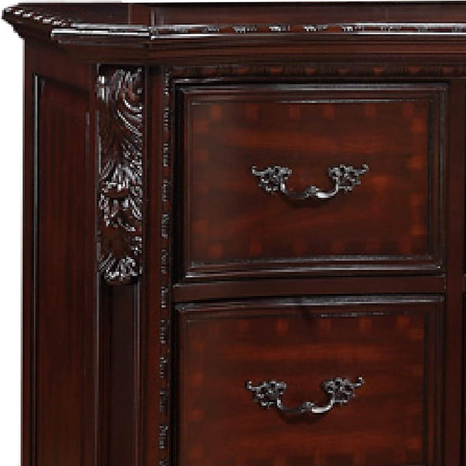 Benjara 9 Drawers Dresser with Engraved Details and Bracket Feet, Cherry Brown