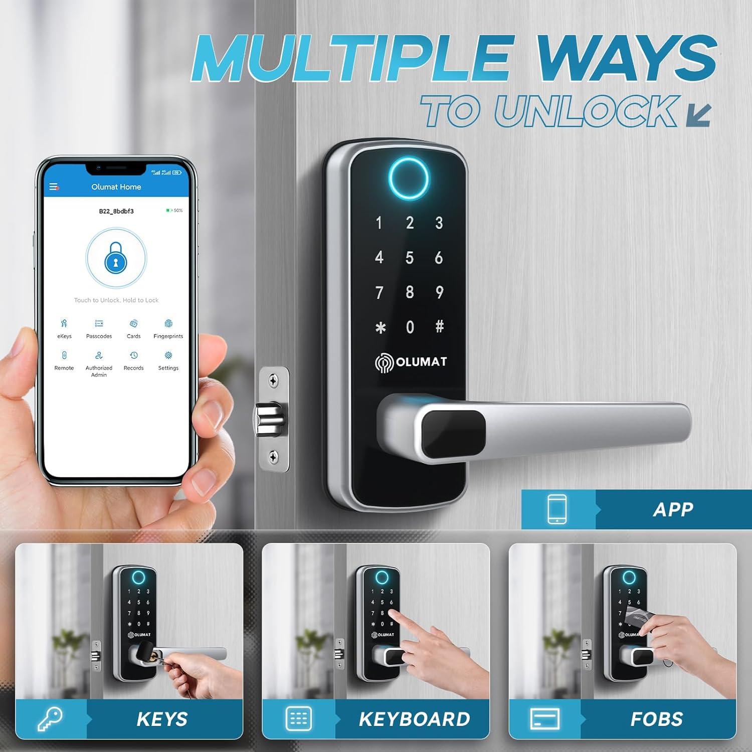 Smart Door Lock, OLUMAT Keyless Entry Door Lock Fingerprint Door Lock with Keypad Digital Door Lock with Handle for Home, Rental, Office and Hotel-Silver