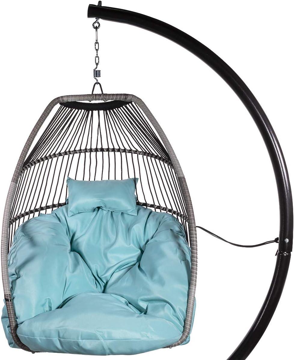 Barton Egg Swing Chair With Stand, Hanging Egg Chair Outdoor, Rattan Wicker Patio Hanging Basket Hammock Chair With Aluminum Steel Frame & UV Resistant Cushion For Indoor Bedroom Balcony, Aqua