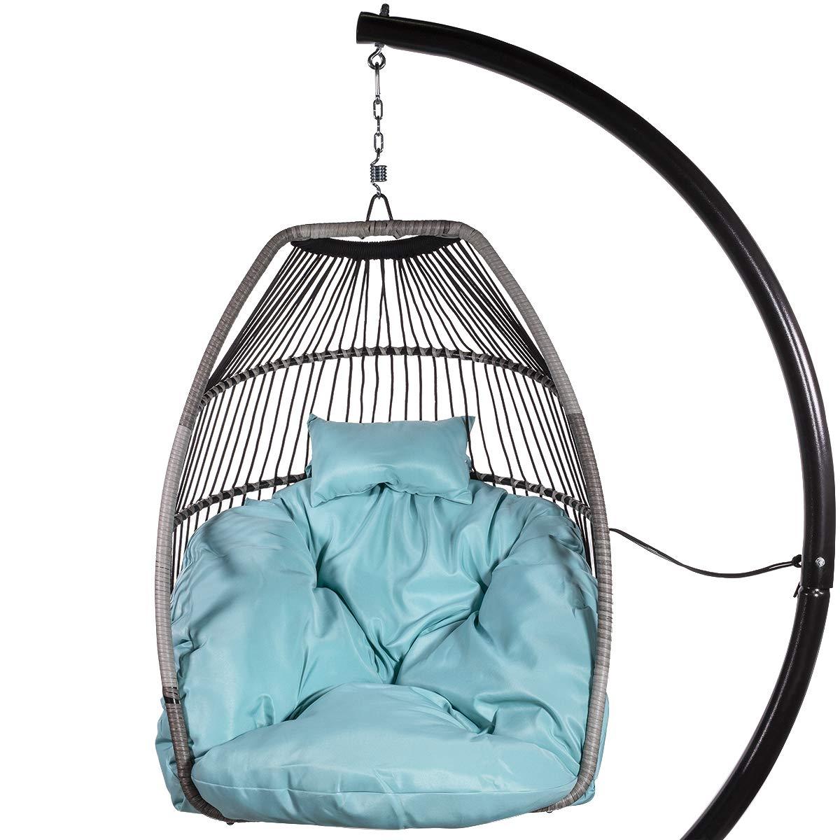 Barton Egg Swing Chair With Stand, Hanging Egg Chair Outdoor, Rattan Wicker Patio Hanging Basket Hammock Chair With Aluminum Steel Frame & UV Resistant Cushion For Indoor Bedroom Balcony, Aqua