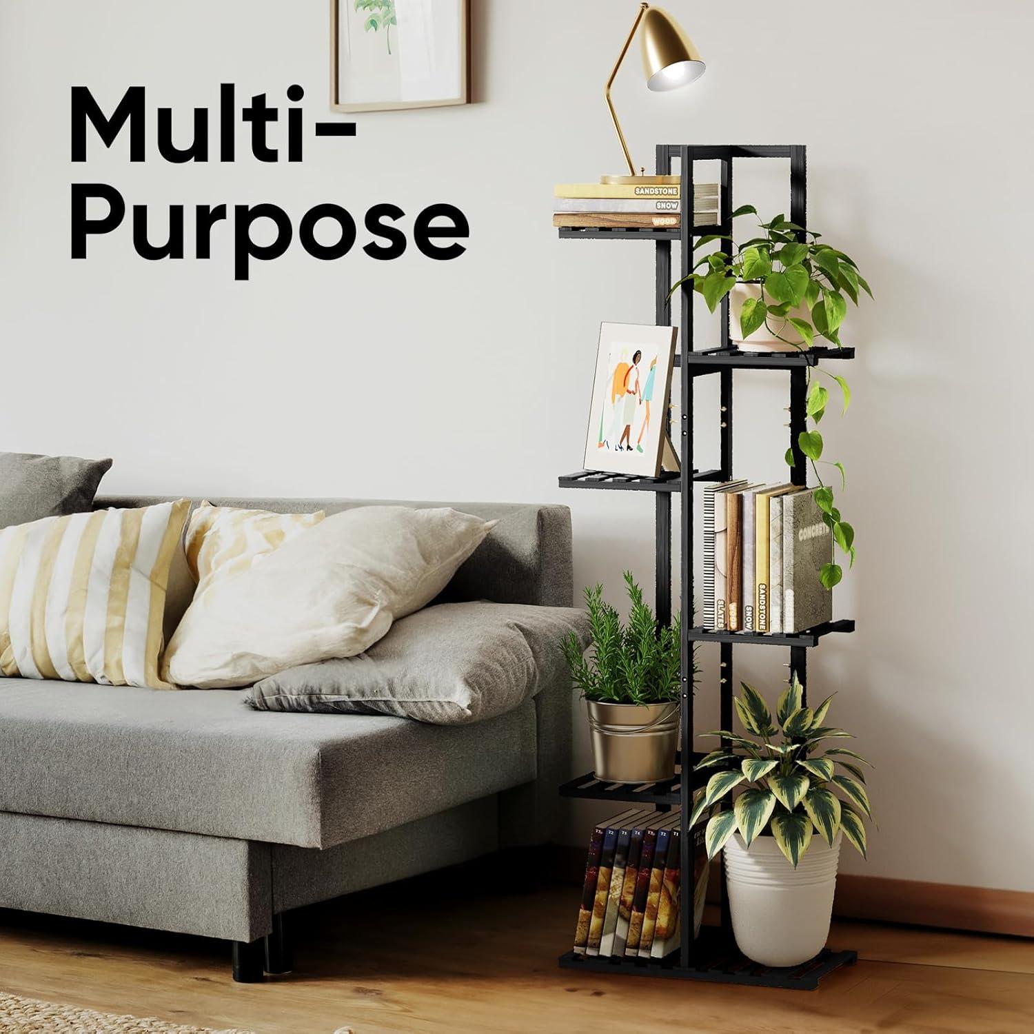 ROSSNY 48 Inch Tall Plant Stand Indoor, 6 Tier 7 Potted Bamboo Plant Stands for Indoor Plants, Corner Plant Stand, Tiered Plant Stands, Plant Shelf For Indoor, Planter Holder for Multiple Plants Indoor, Black