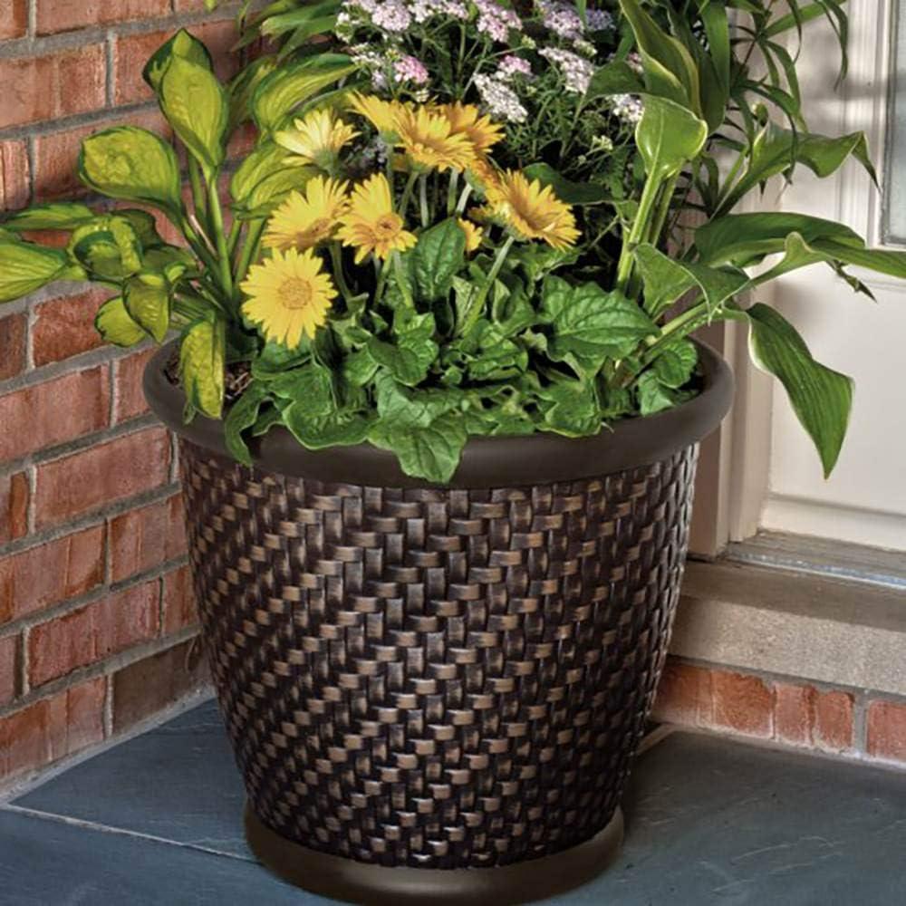 Contemporary Herringbone Resin Wicker Planter, Dark Brown, 18"