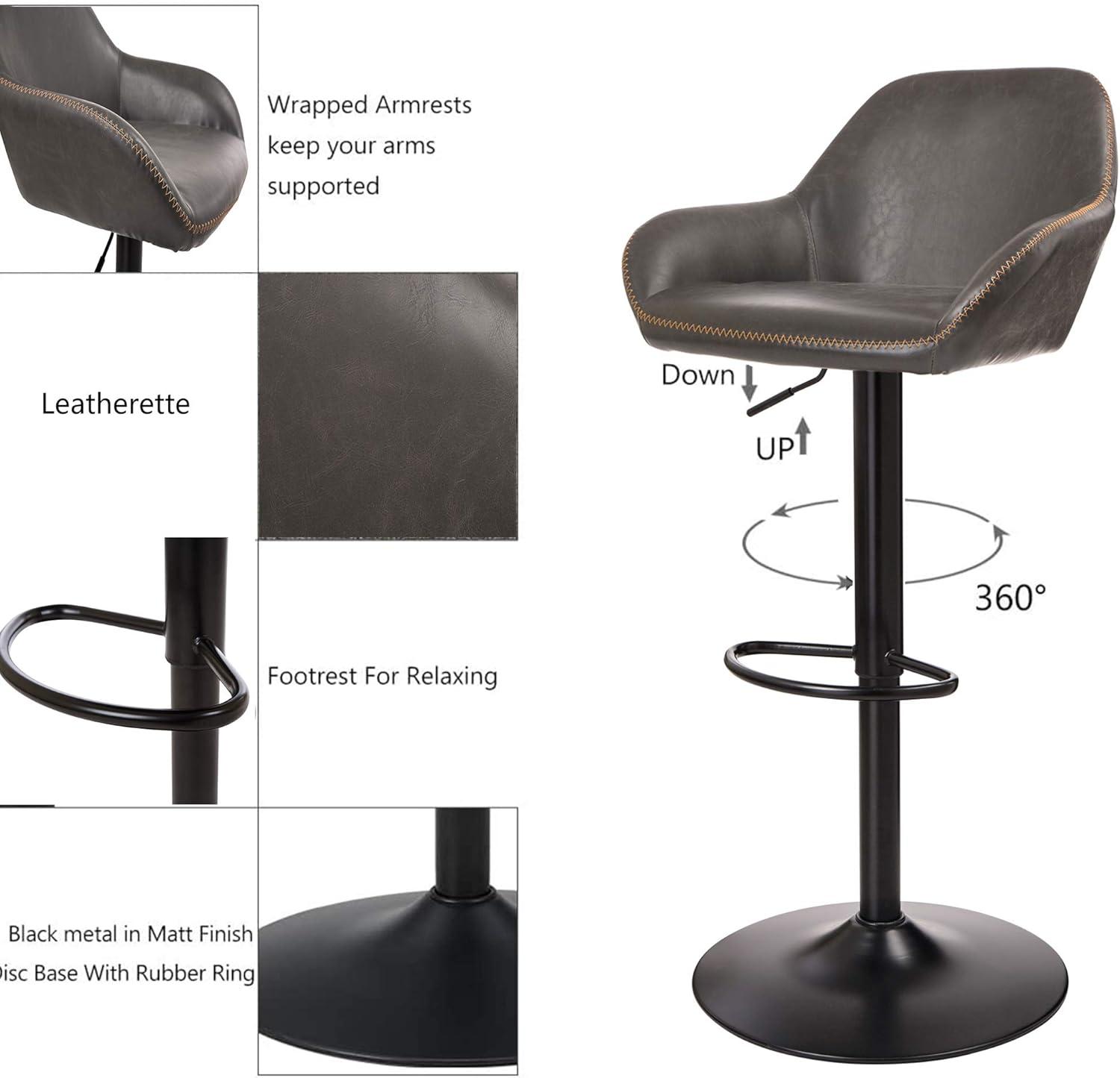Glitzhome  42"H Mid-Century Adjustable Faux Leather Swivel Bar Stools Low Back Grey Set of 2 Foam, Steel Faux Leather, Foam Footrest, Padded Seat,
