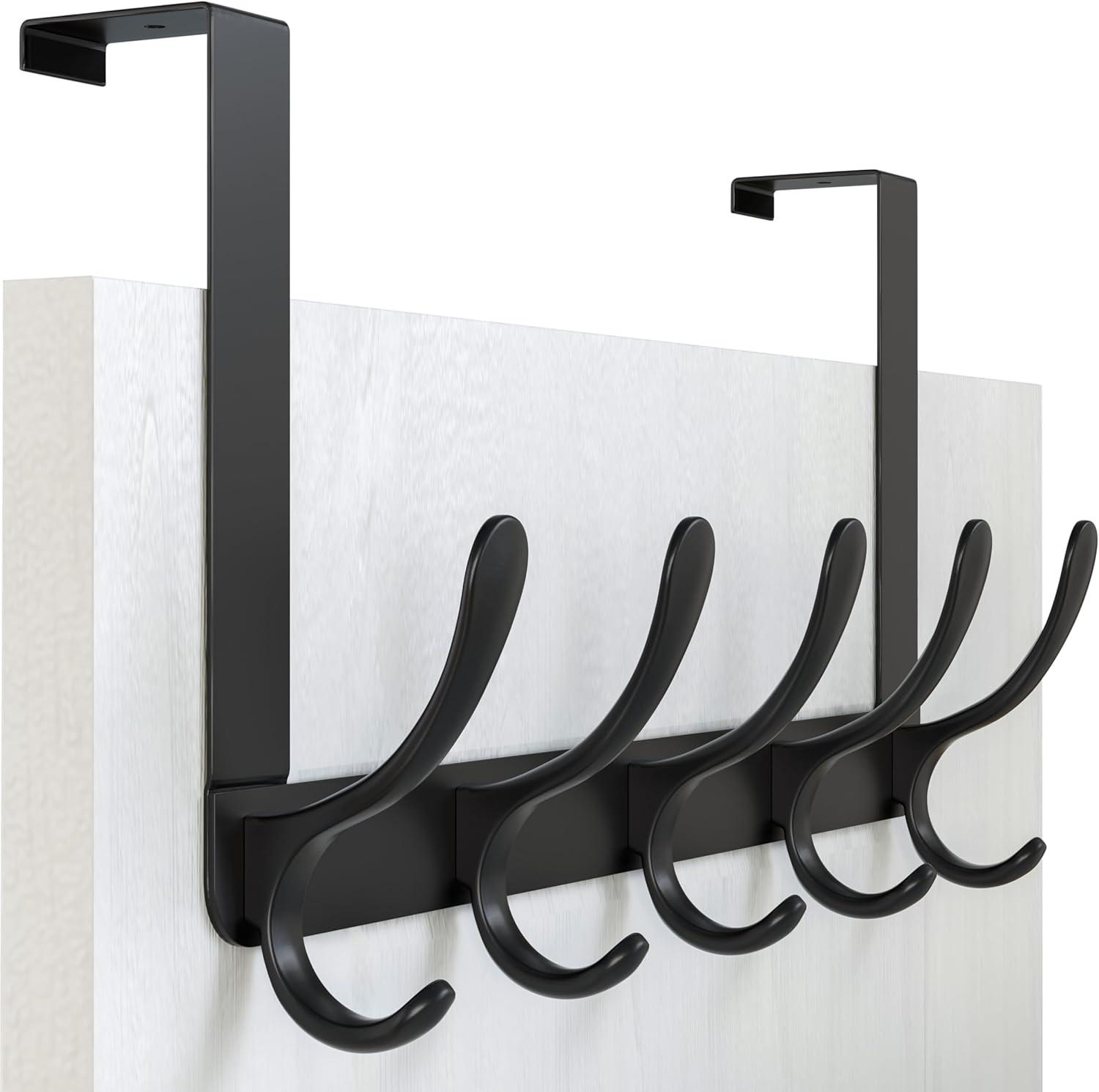 WEBI Over The Door Hook,Door Hanger Hook Rack with 5 Tri Hooks for Hanging Coats,Over Door Towel Rack Door Coat Towel Hanger Door Coat Rack for Bathroom,Behind Back of Door,Black
