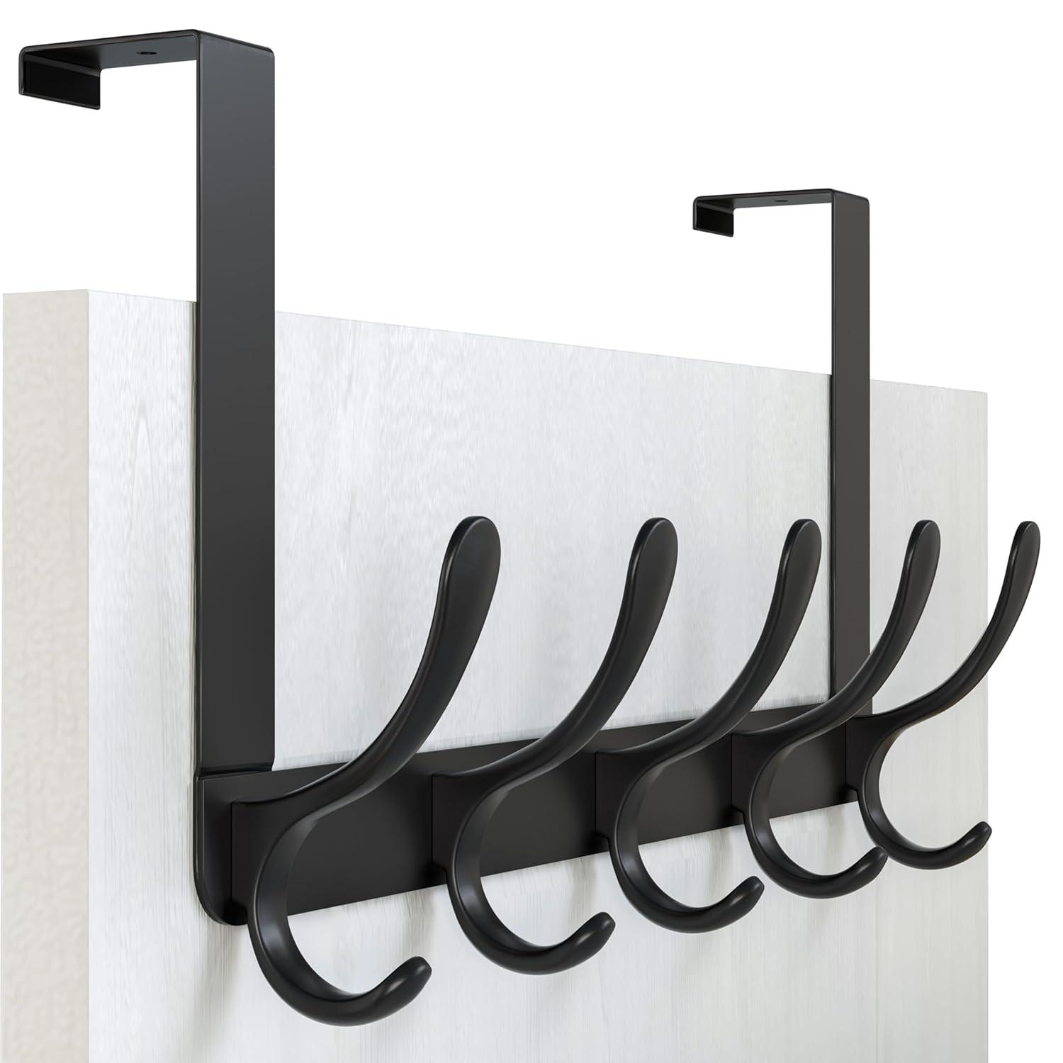 WEBI Over The Door Hook,Door Hanger Hook Rack with 5 Tri Hooks for Hanging Coats,Over Door Towel Rack Door Coat Towel Hanger Door Coat Rack for Bathroom,Behind Back of Door,Black