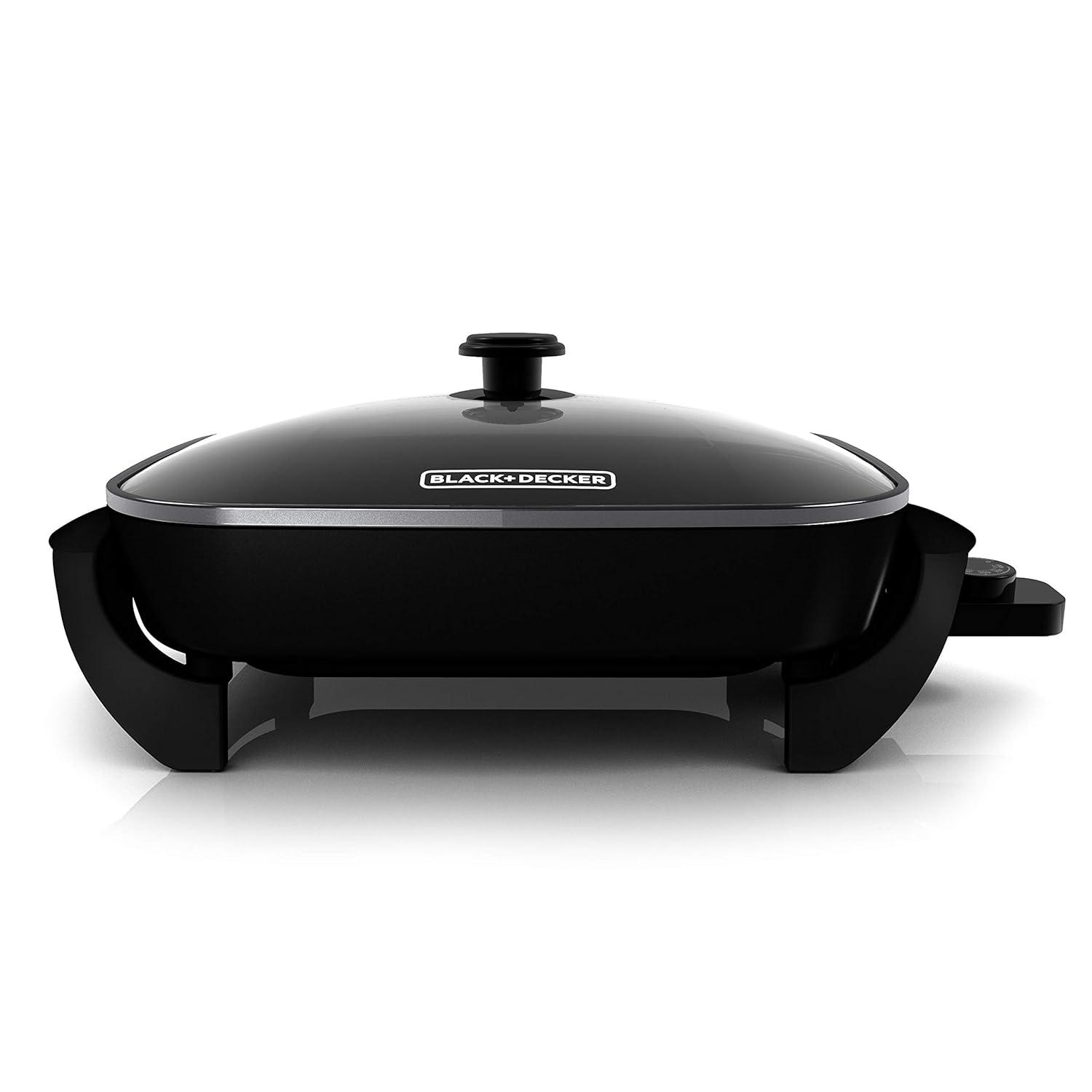 Black and Silver 12" x 15" Nonstick Electric Skillet with Tempered Glass Lid