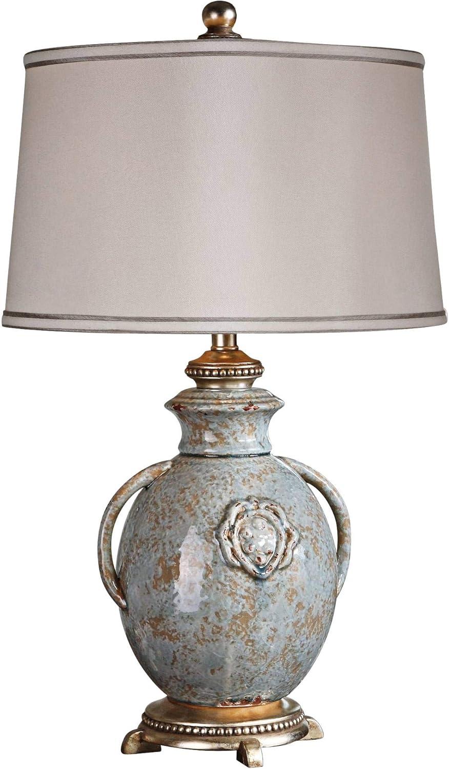 Distressed Light Blue Ceramic Table Lamp with Off-White Shade